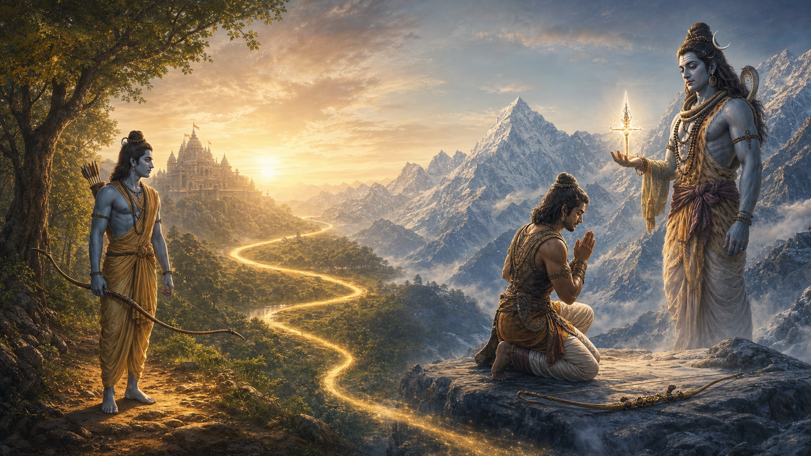 Rama lowers his bow in a forest while Arjuna kneels before Shiva receiving a radiant celestial weapon in a symbolic panoramic scene.