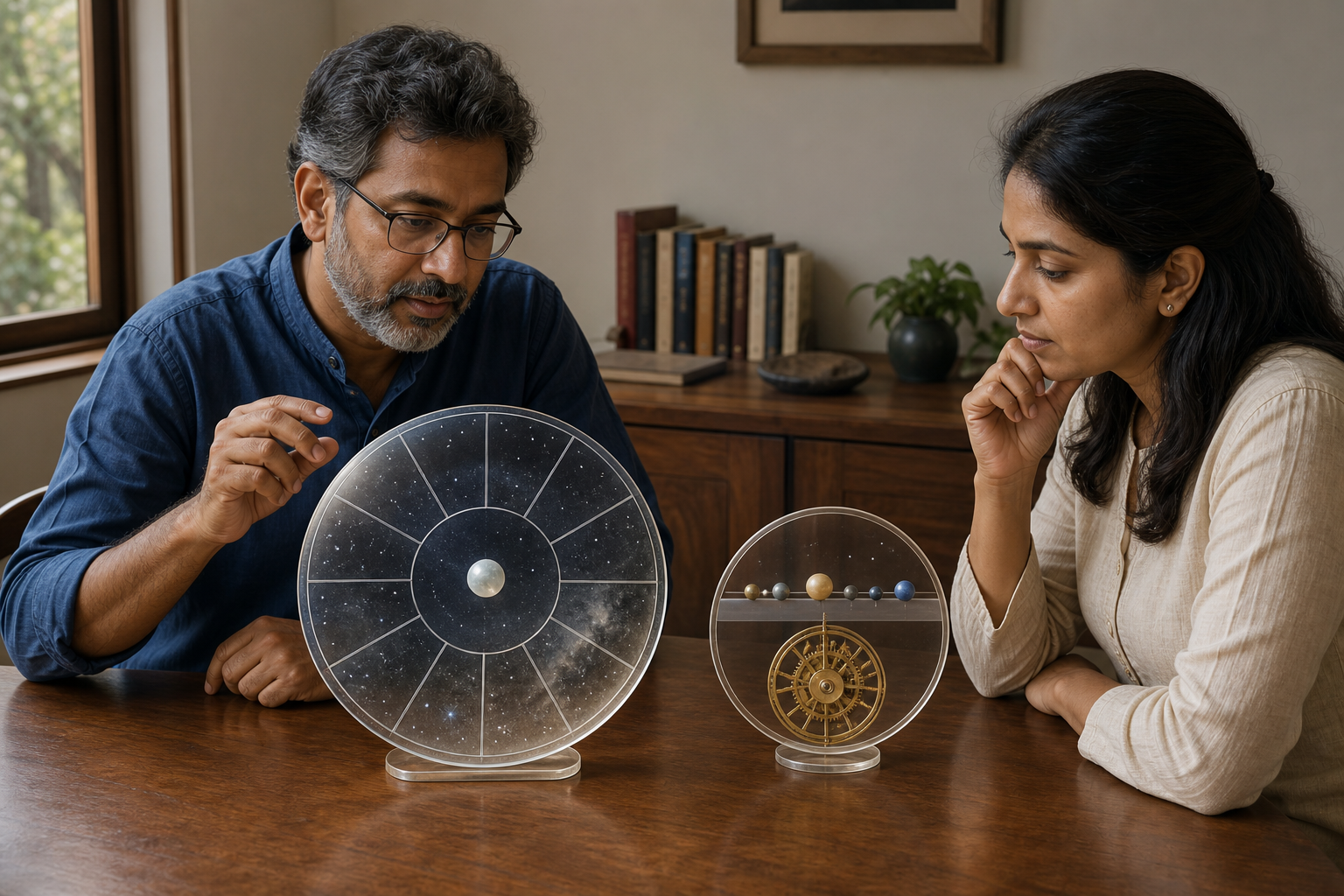 A practitioner and client compare two separate celestial discs, one with twelve regions and a moon marker and another with a horizon, planetary beads, and a clock mechanism.