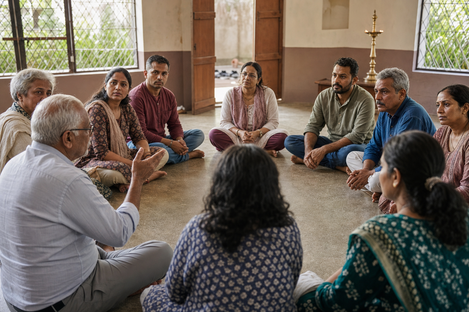 Indian adults sit in an equal circle during a facilitated discussion in a neighborhood hall, listening while one participant speaks.