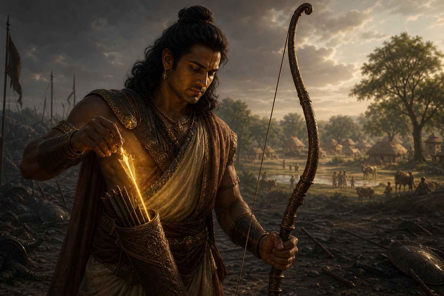 An ancient Indian warrior returns a glowing arrow to his quiver while a peaceful settlement remains protected behind him.