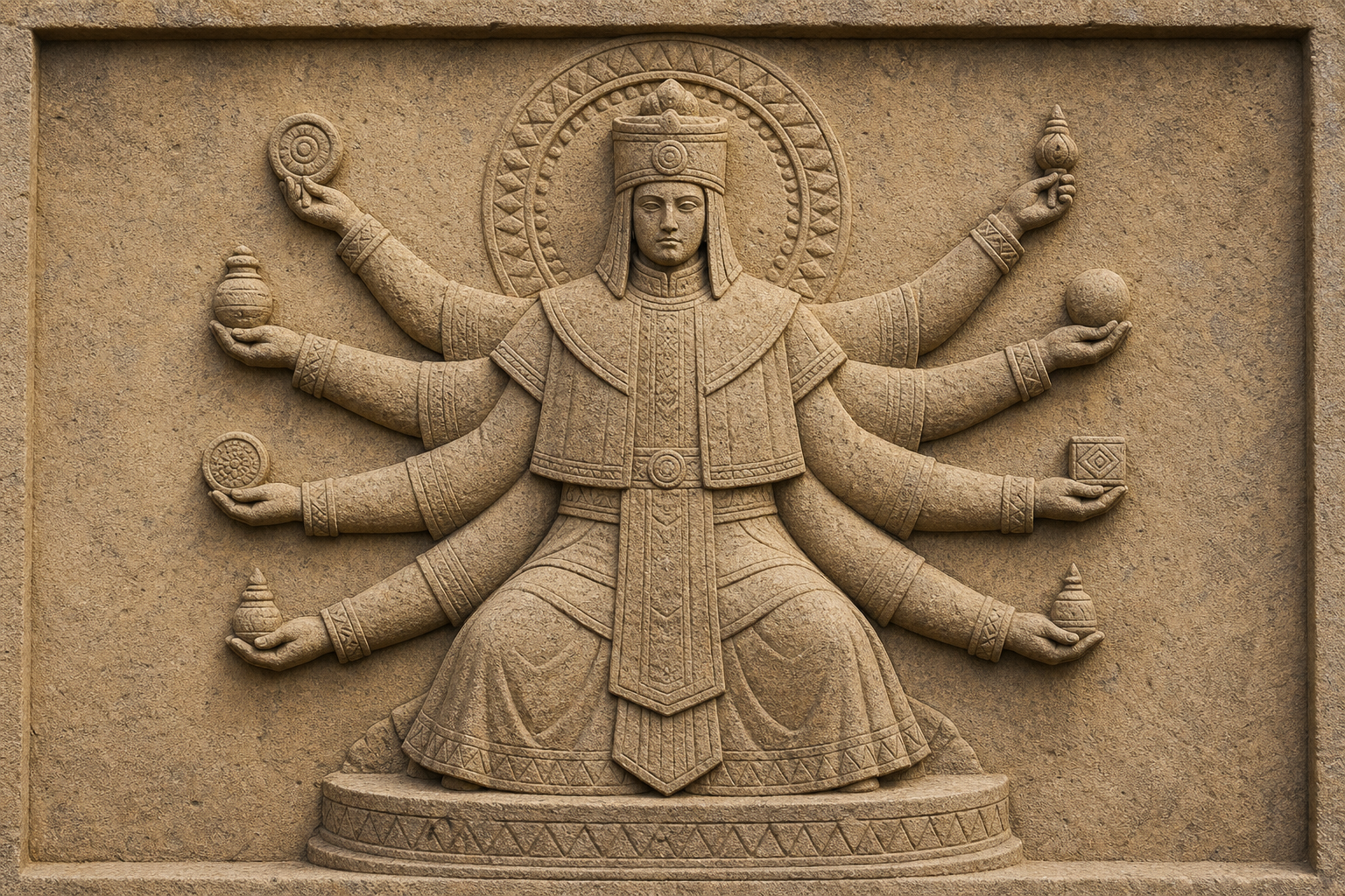 A frontal stone relief of a divine figure with eight arms arranged symmetrically around a central axis.