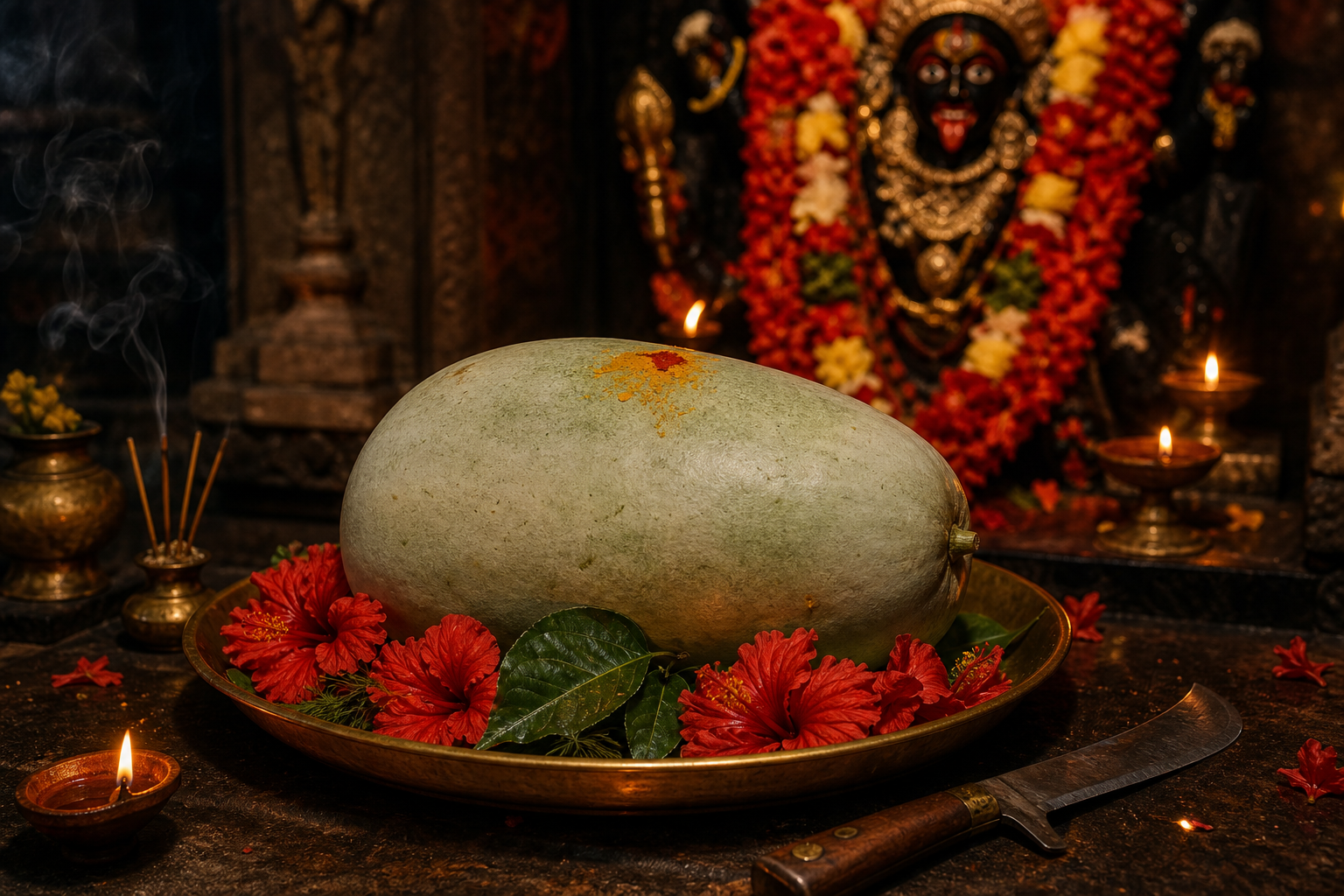 A consecrated ash gourd rests with hibiscus flowers, leaves, oil lamps, incense, and a ritual blade before a softly lit Kali shrine.