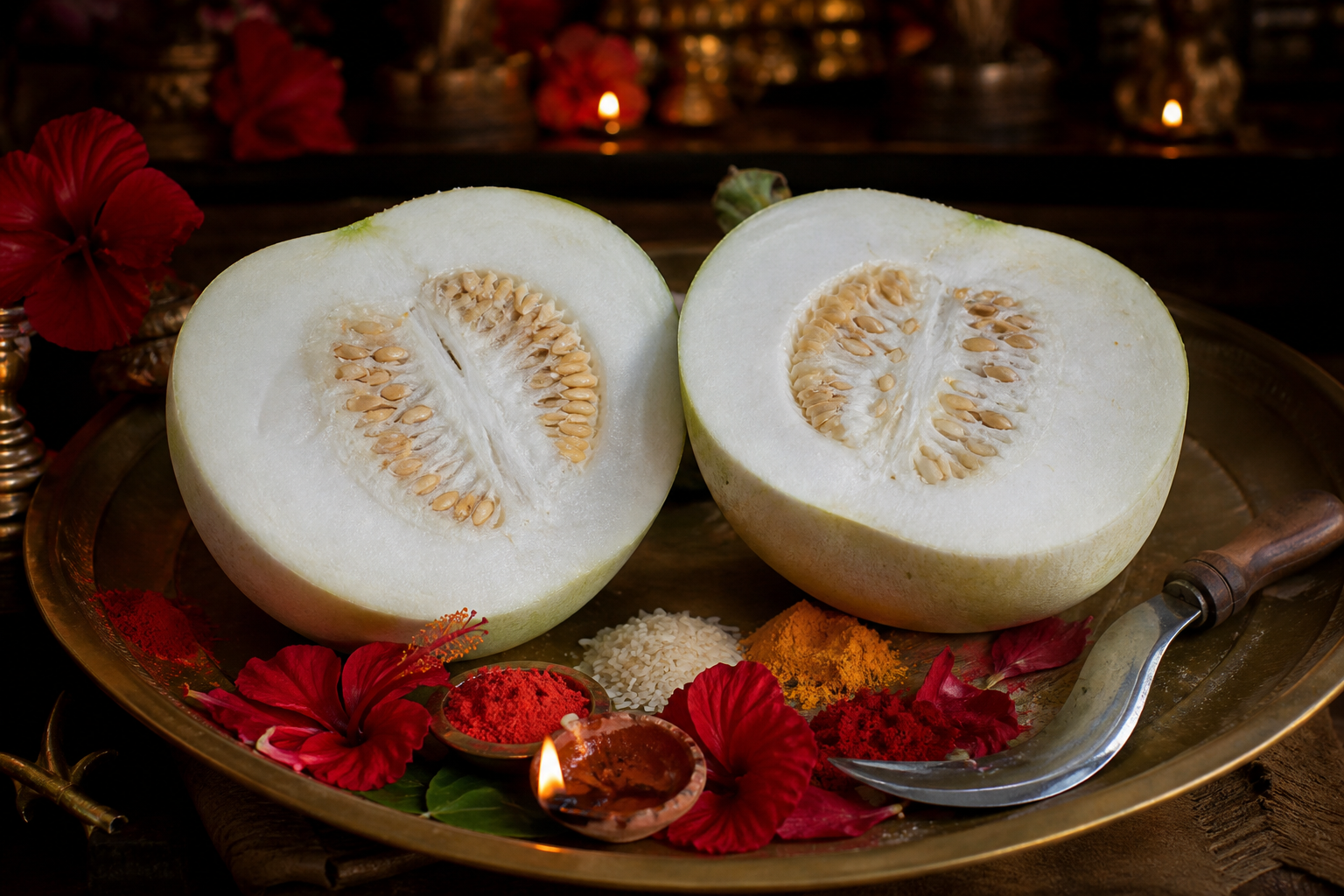 Two cleanly cut halves of an ash gourd lie on a brass tray beside a ritual blade, hibiscus petals, rice, turmeric, vermilion, and an oil lamp.