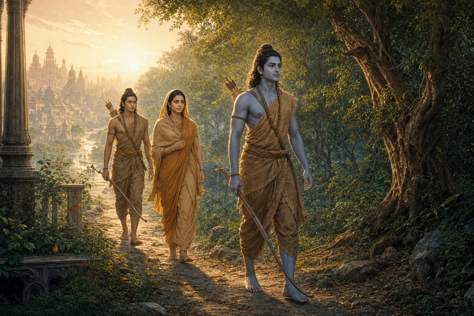Rama carries his lowered bow into the forest with Sita and Lakshmana as the towers of Ayodhya fade in the distance.