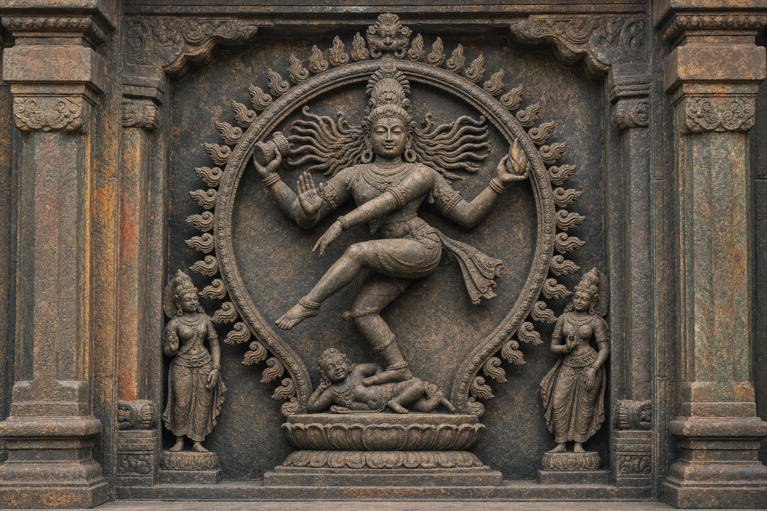A stone relief of dancing Shiva with four arms, a raised leg, drum, flame, ring of fire, and attendant figures.