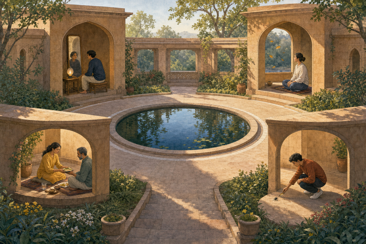 Four people occupy separate alcoves around a reflecting pool: one studies a reflection, one meditates, one moves an insect from a path, and one serves a meal.