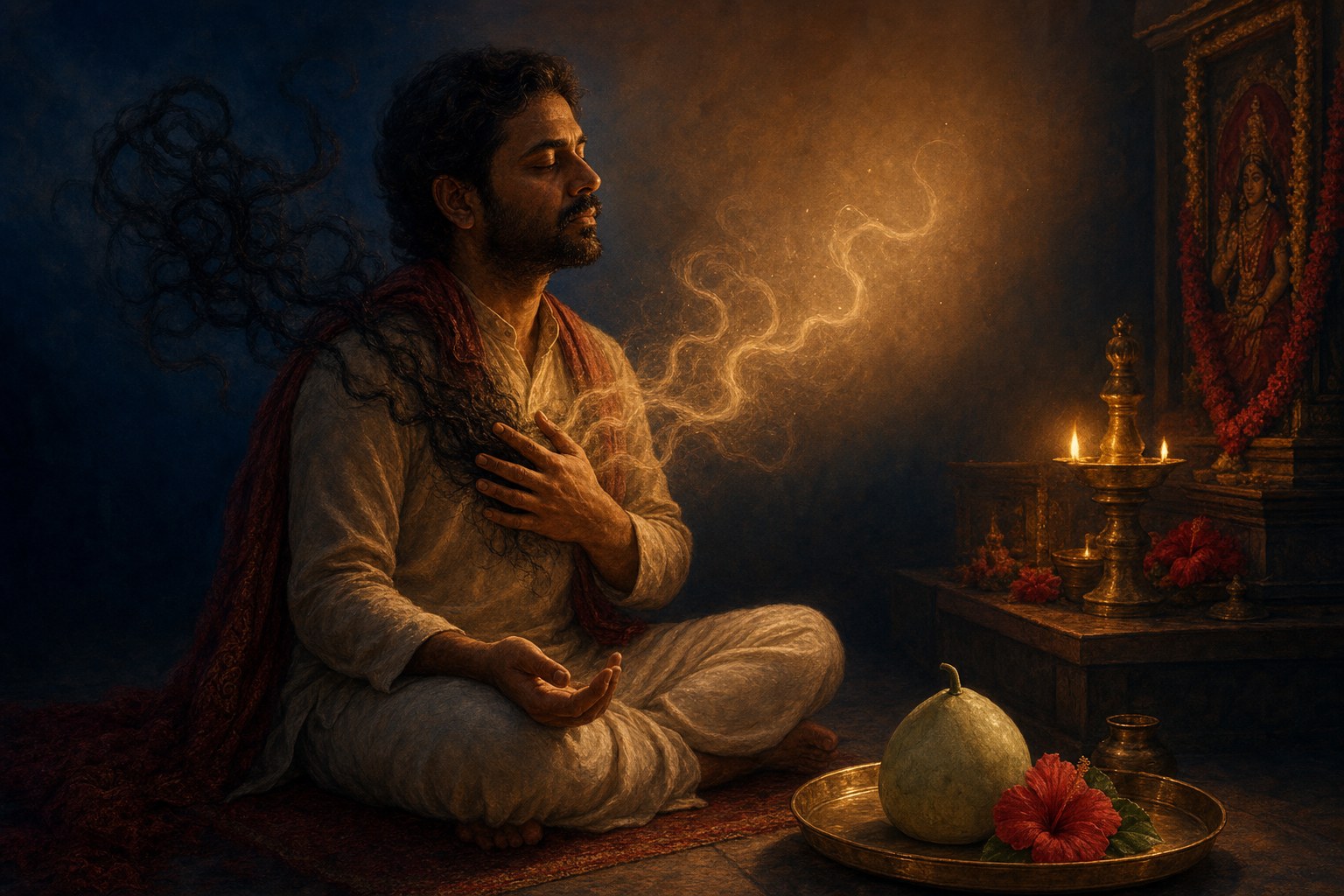 A devotee meditates beside an ash gourd offering while dark knot-like wisps dissolve above an opening hand in warm lamplight.