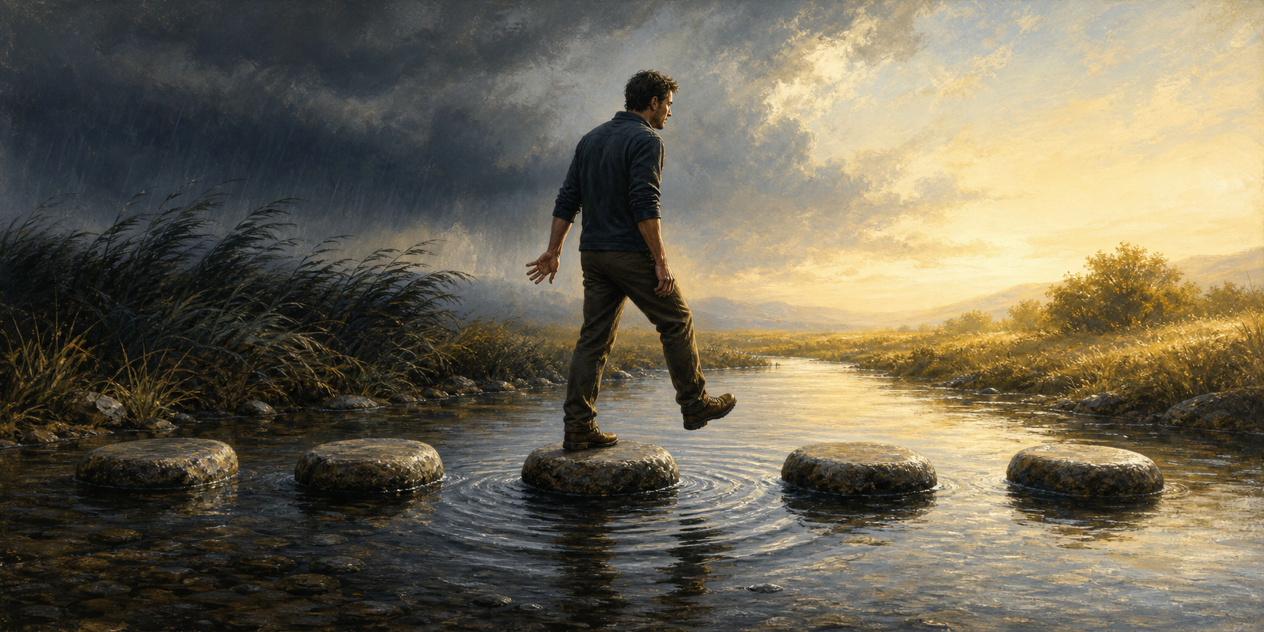 A person pauses on the middle of five stepping stones while crossing from a windy, shadowed bank toward a sunlit path.