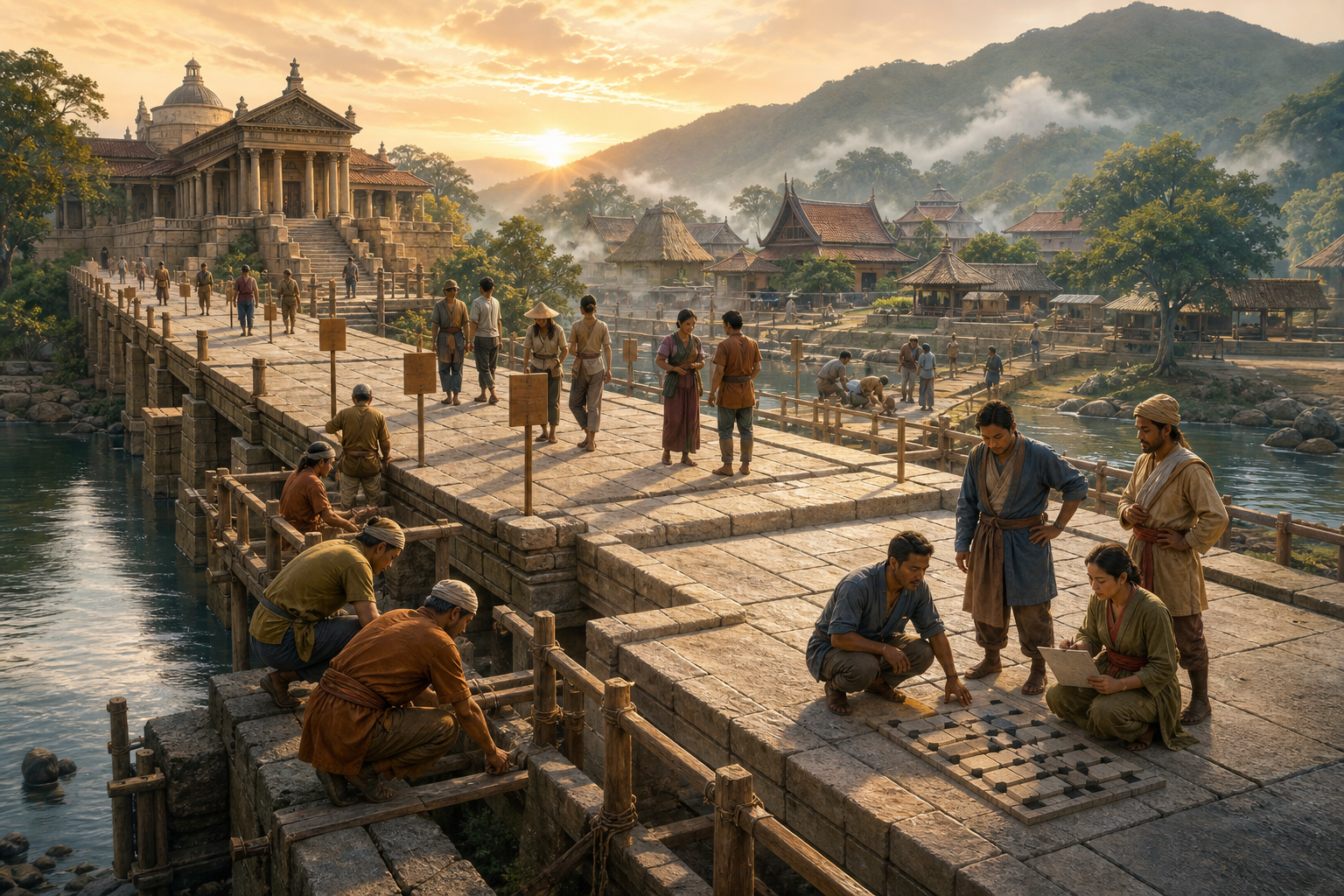 Planners, craftspeople and community representatives inspect a stone causeway being opened in stages between a temple and local buildings.