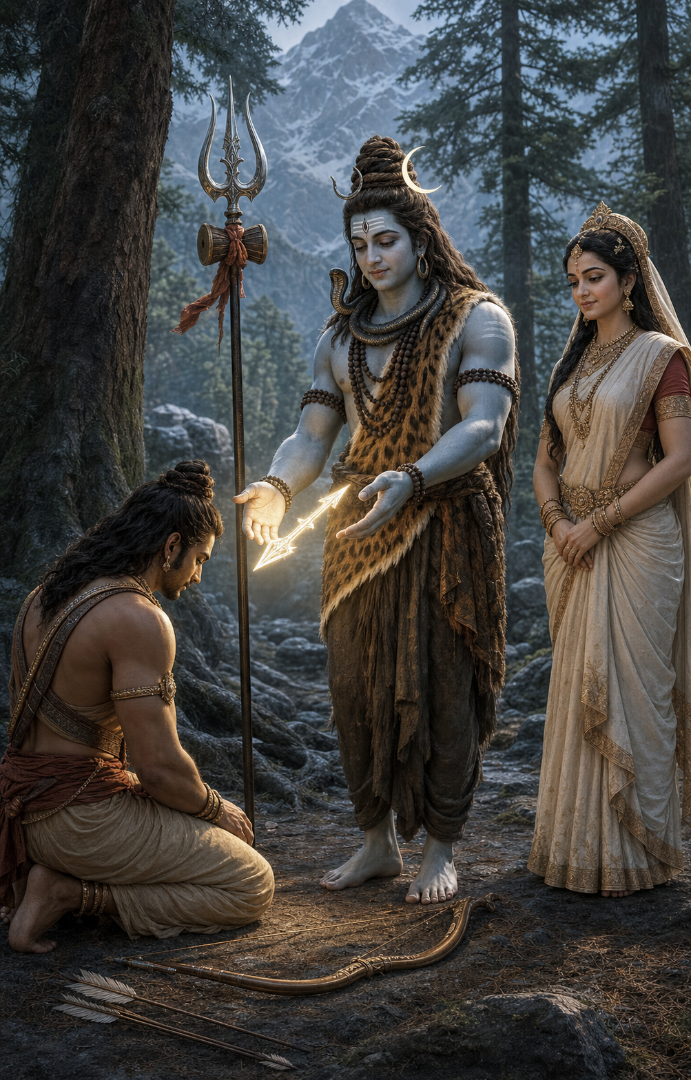 Arjuna kneels with his bow on the ground as Shiva reveals himself and offers a radiant celestial weapon in a Himalayan forest.