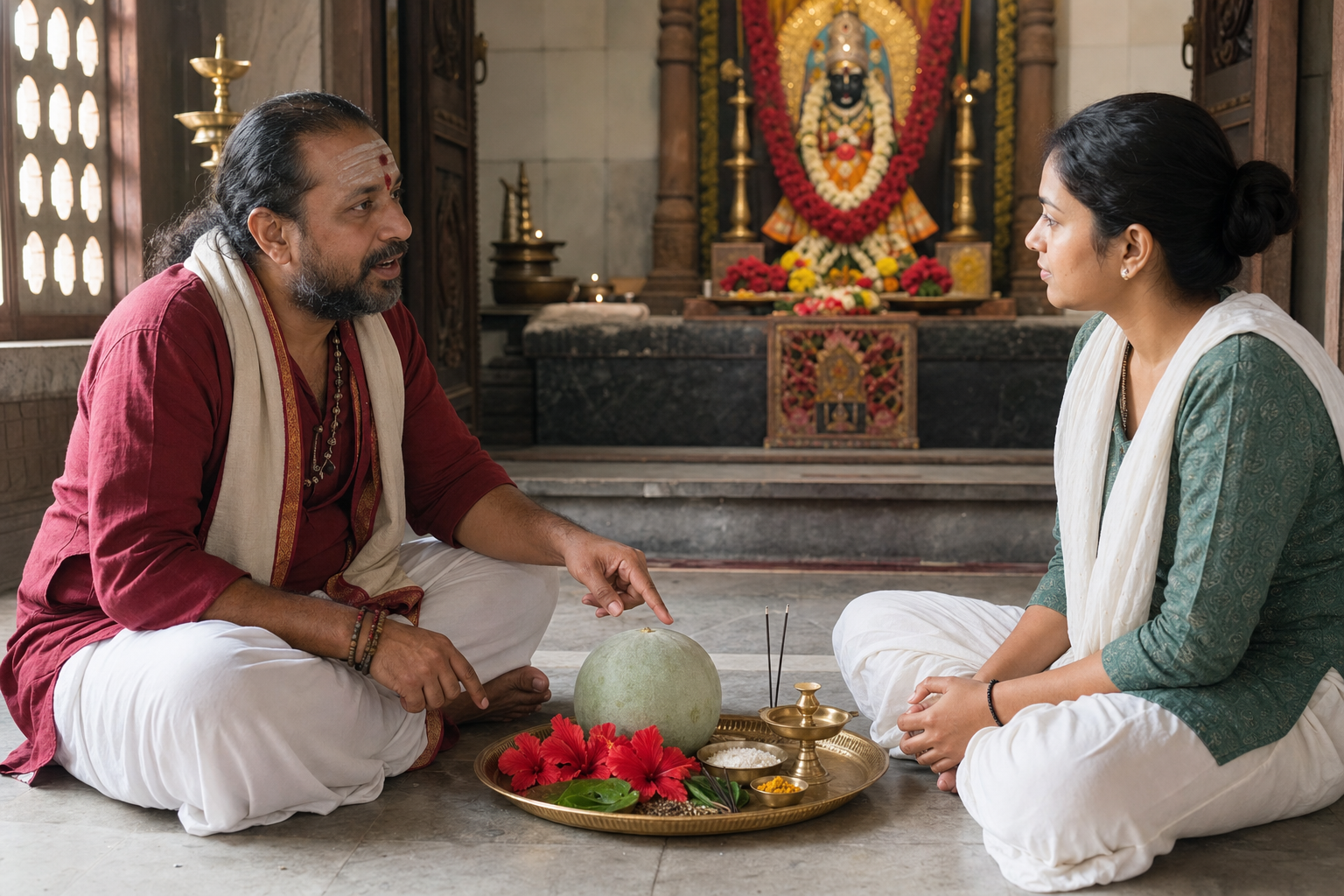 A Shakta ritual practitioner explains an ash gourd offering arrangement to a seated devotee beside a temple shrine.
