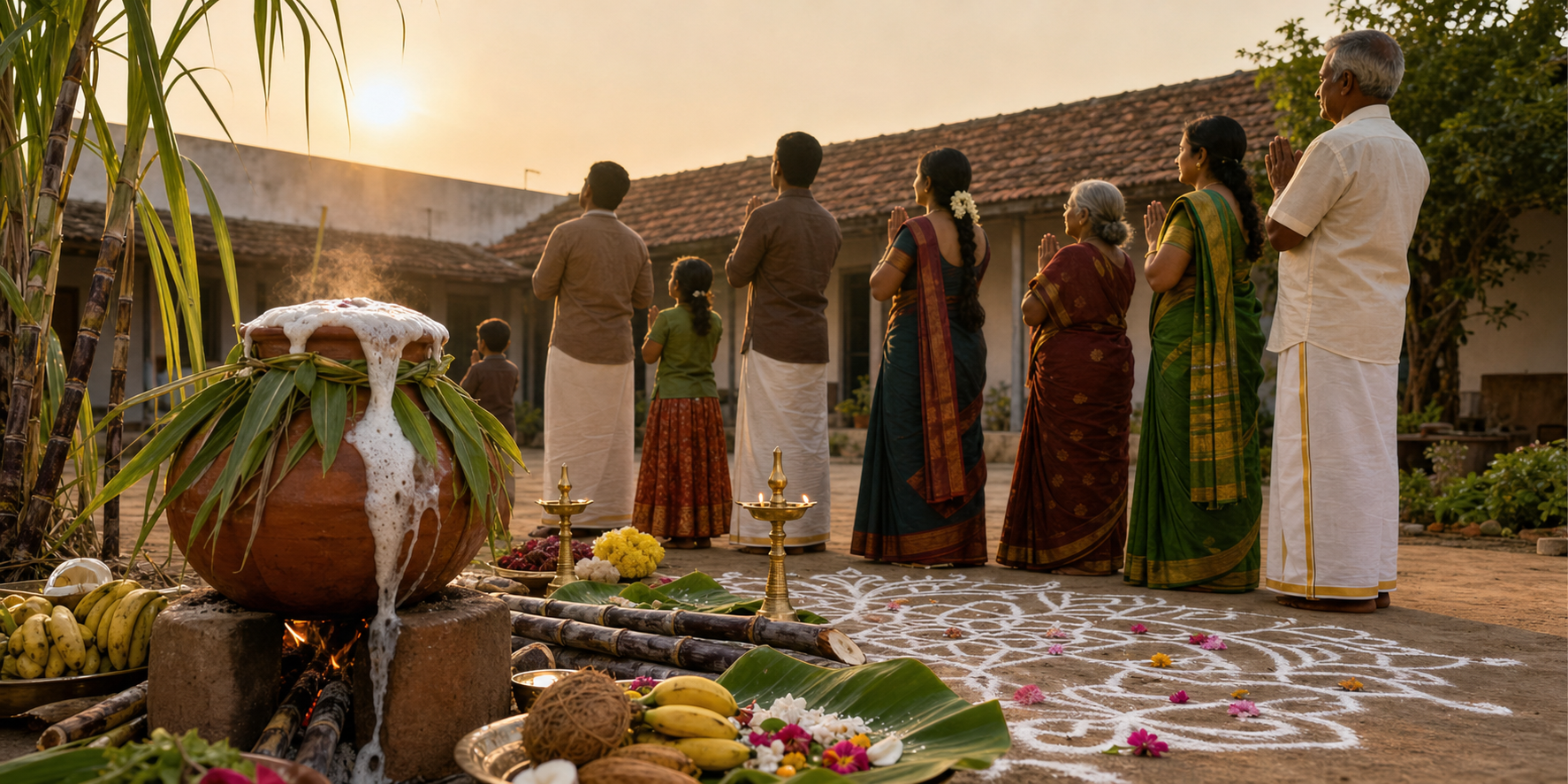 A Tamil family offers prayers beside an overflowing Pongal pot, sugarcane, lamps, flowers, and a white kolam in a sunlit courtyard.