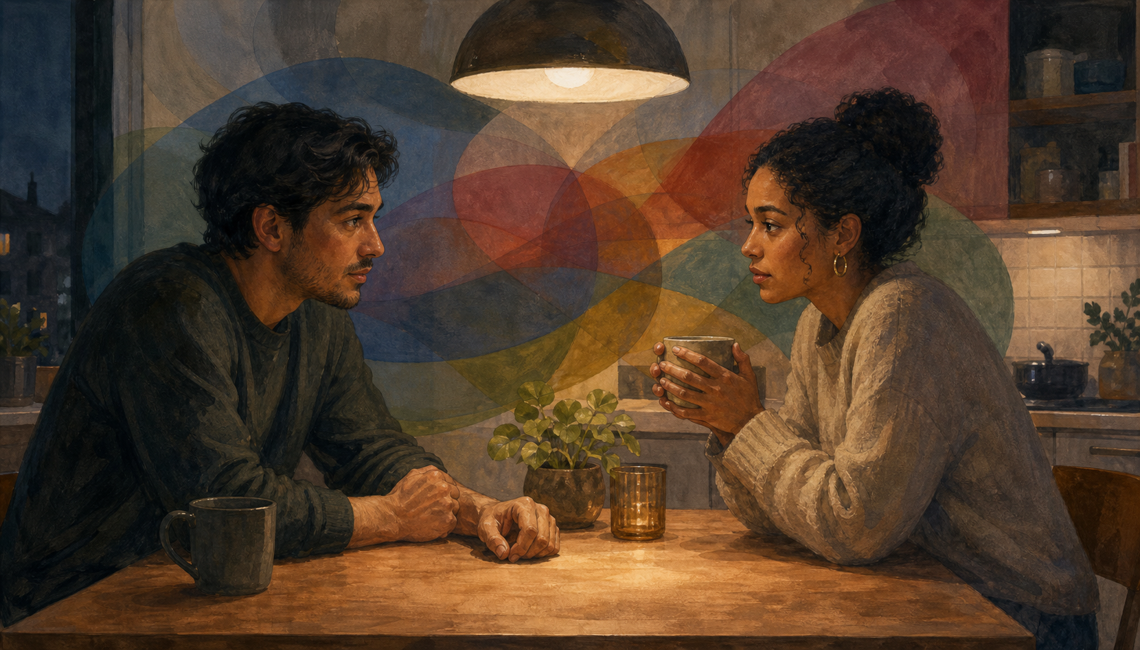 Two adults listen to each other across a kitchen table as overlapping blue, red, ochre, and green shapes appear behind them.