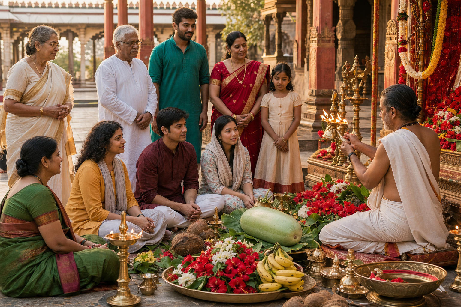 A multigenerational group of devotees gathers around a courtyard altar holding an ash gourd, fruit, hibiscus flowers, leaves, and glowing brass lamps.