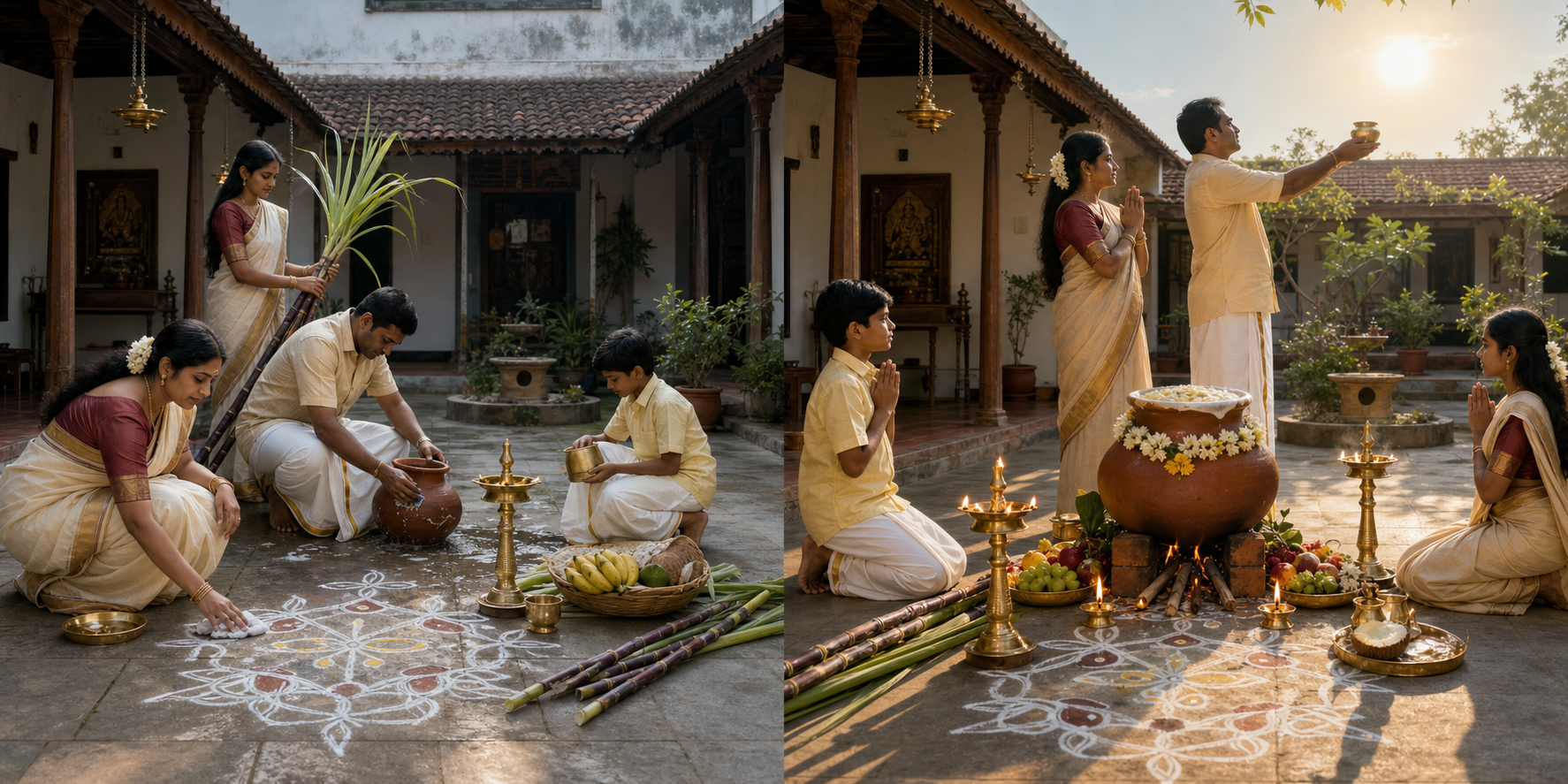 A split scene shows Pongal puja preparations in cool morning light and the completed sun offering in warm afternoon light.