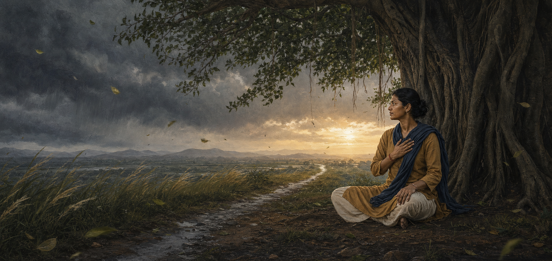A calm person sits beneath a banyan tree as wind and rain move across the surrounding landscape and dawn light appears beyond a path.
