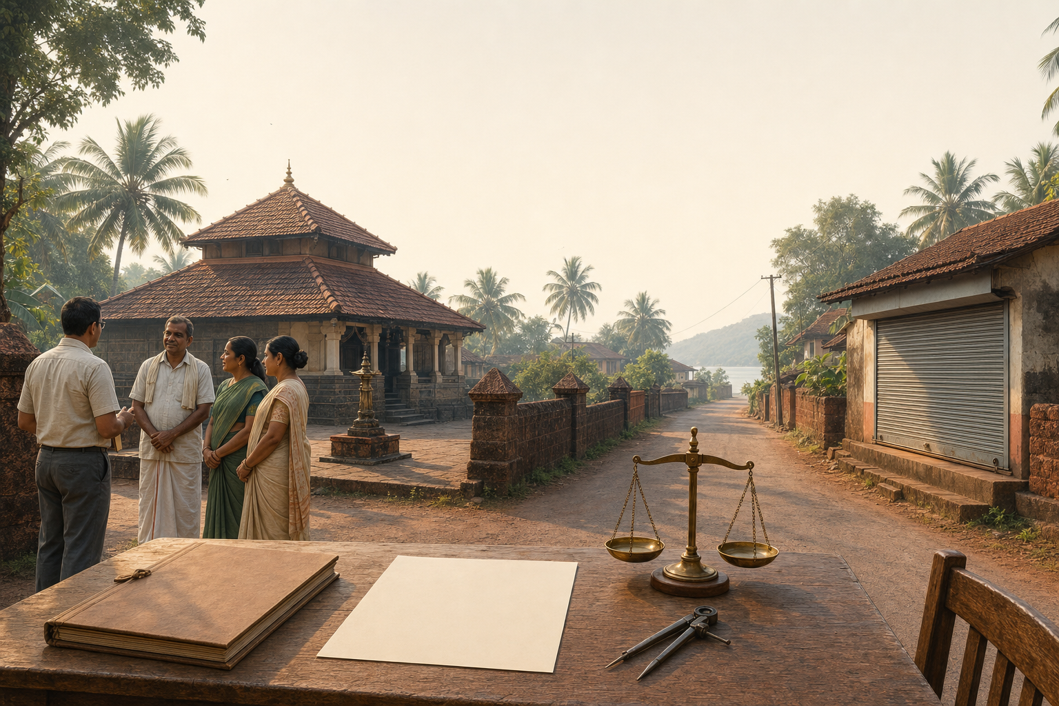 Editorial scene of a coastal Maharashtra temple precinct, a closed roadside storefront, residents speaking with a village official, and an unmarked licensing file on a desk.