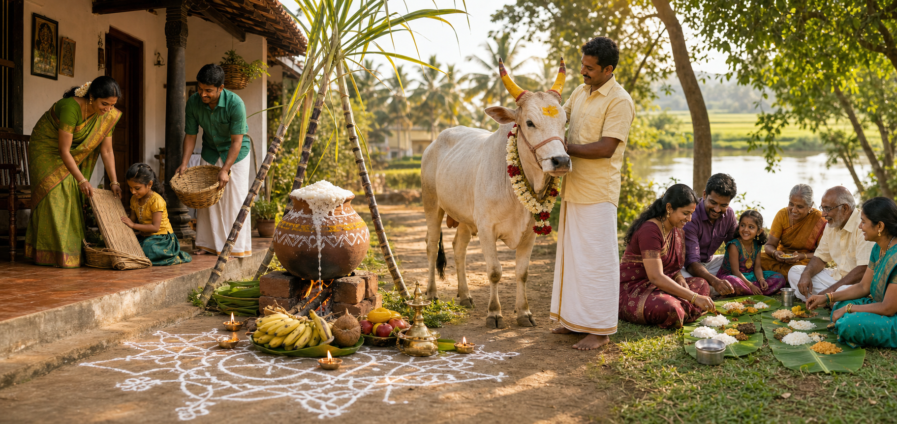 Four scenes depict Bhogi cleaning, Thai Pongal cooking and worship, a decorated cow for Mattu Pongal, and a family outing for Kaanum Pongal.