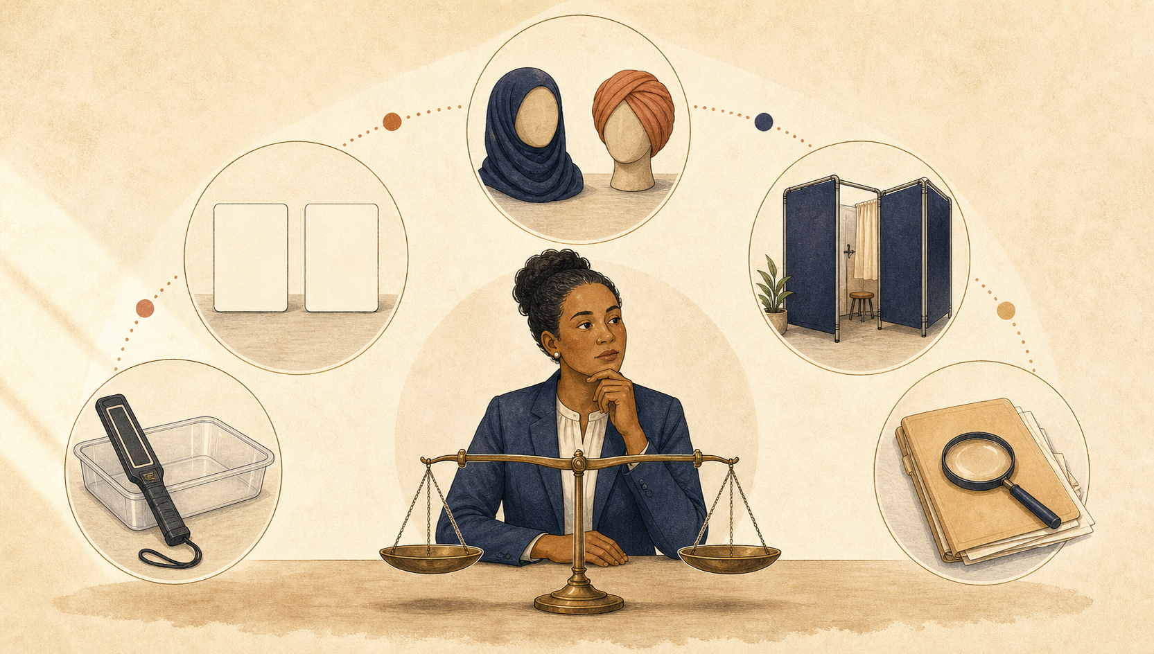 An official evaluates five visual elements of a fairness review, including policy, security, comparison, accommodation, and oversight.