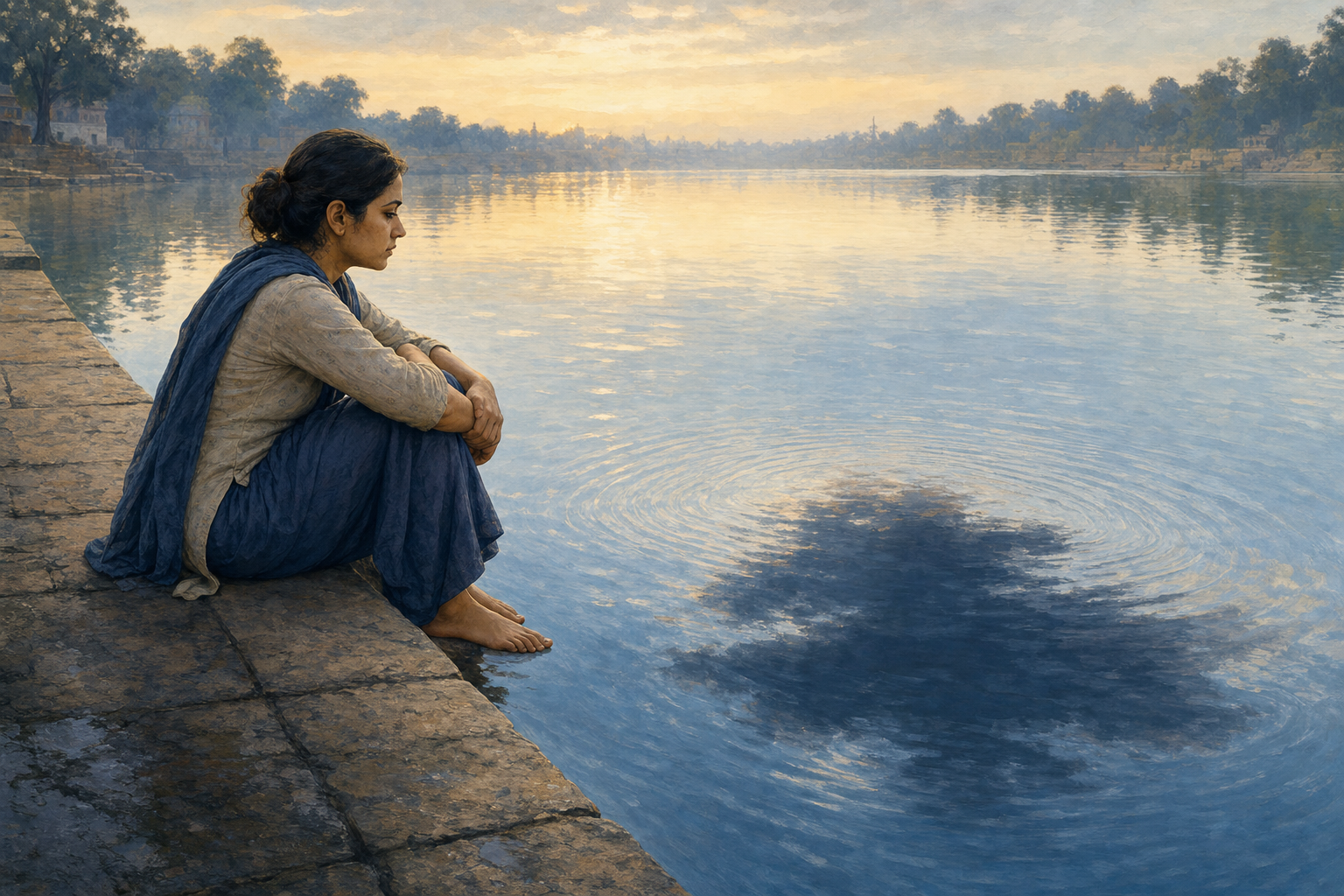 A woman sits on a riverbank watching the reflection of a dark cloud break apart in rippling water.