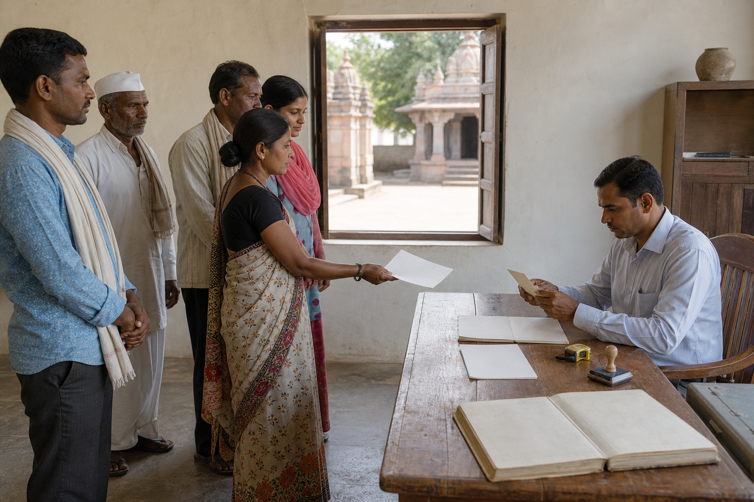 Residents submit a petition at a Gram Panchayat office while an official separately reviews blank licensing and property documents.