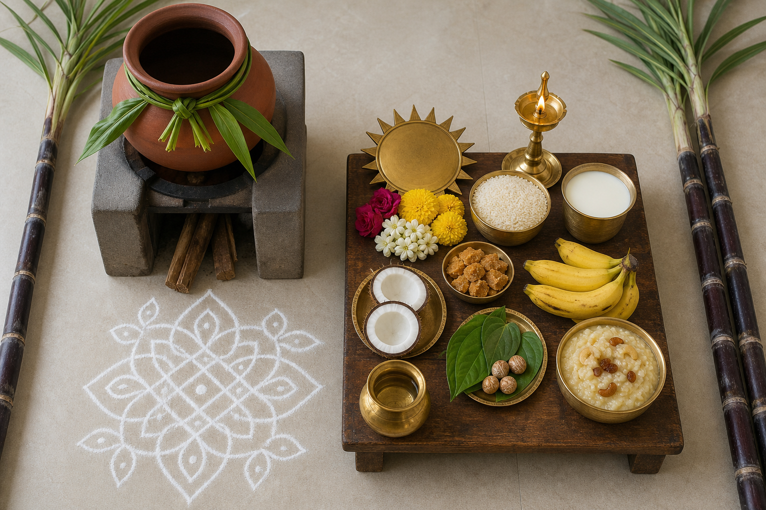 An overhead view shows a simple home Pongal puja setup with a clay pot, lamp, offerings, sugarcane, turmeric leaves, and kolam.
