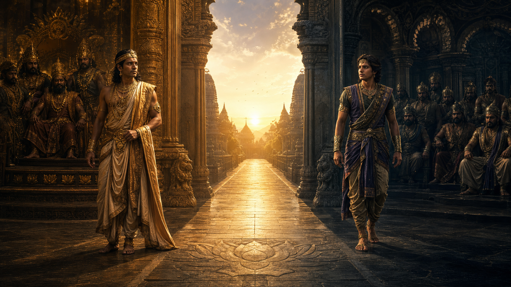 Vibhishana and Vikarna turn away from shadowed royal assemblies and face a shared path illuminated by dawn light.