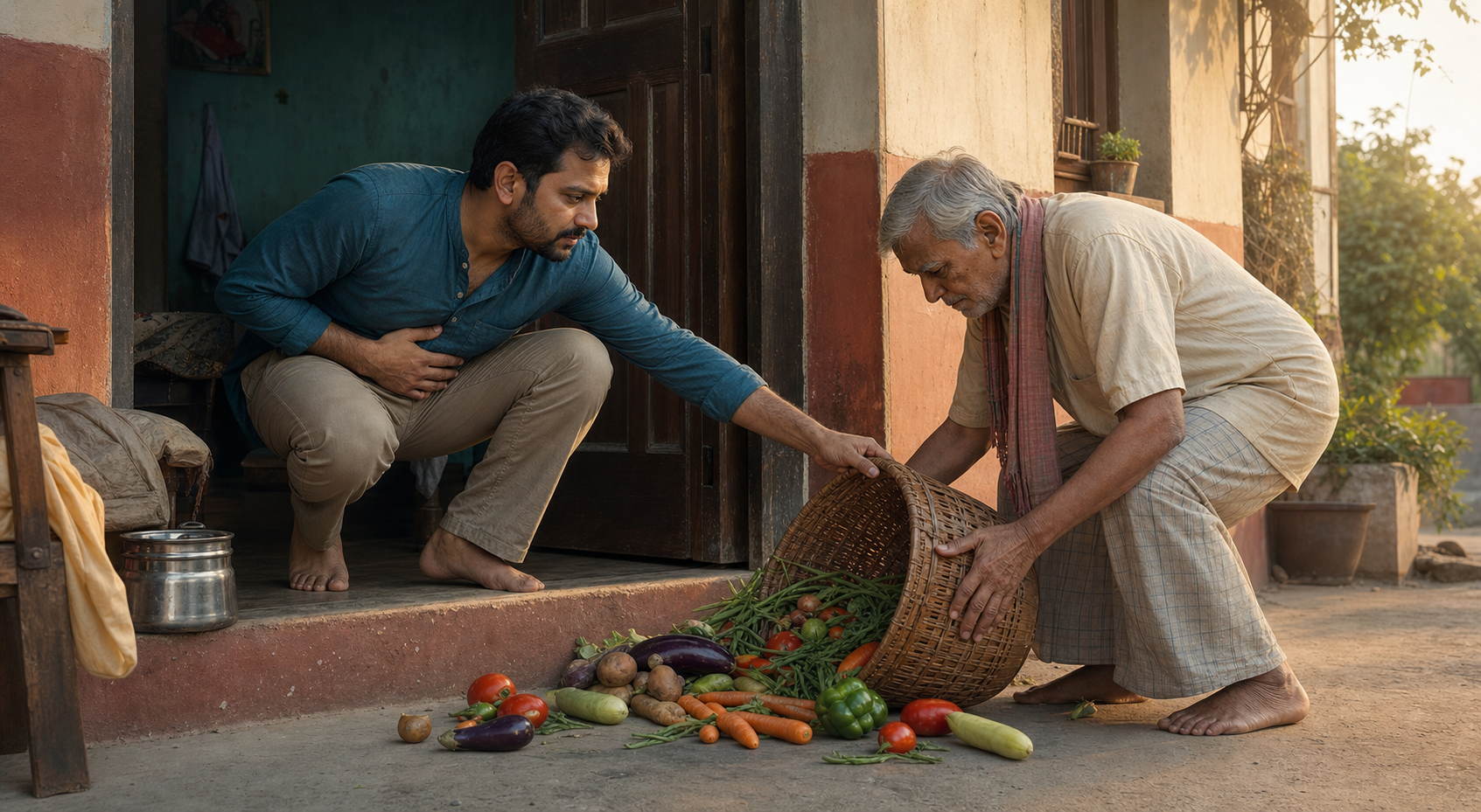 A man pauses at a doorway and reaches down to help an older person gather vegetables from a spilled basket.