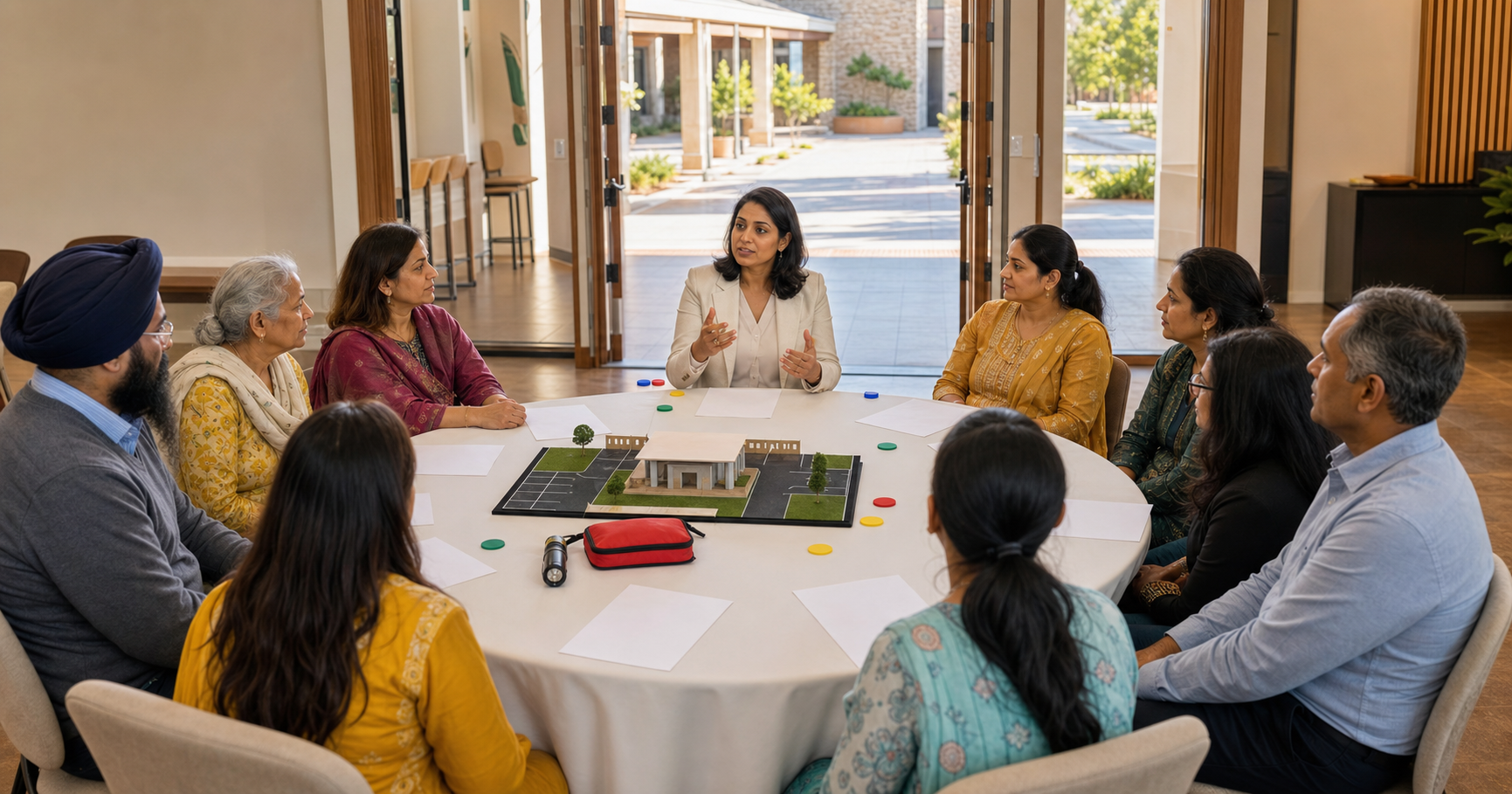 A woman leads a safety-planning meeting with women and men seated around a table in a bright community hall, with an open entrance and illuminated walkway behind them.