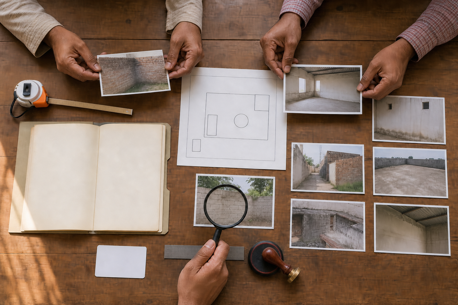 Hands organize blank licence papers, site evidence, photographs, measuring tools, and an official seal on a Panchayat desk.