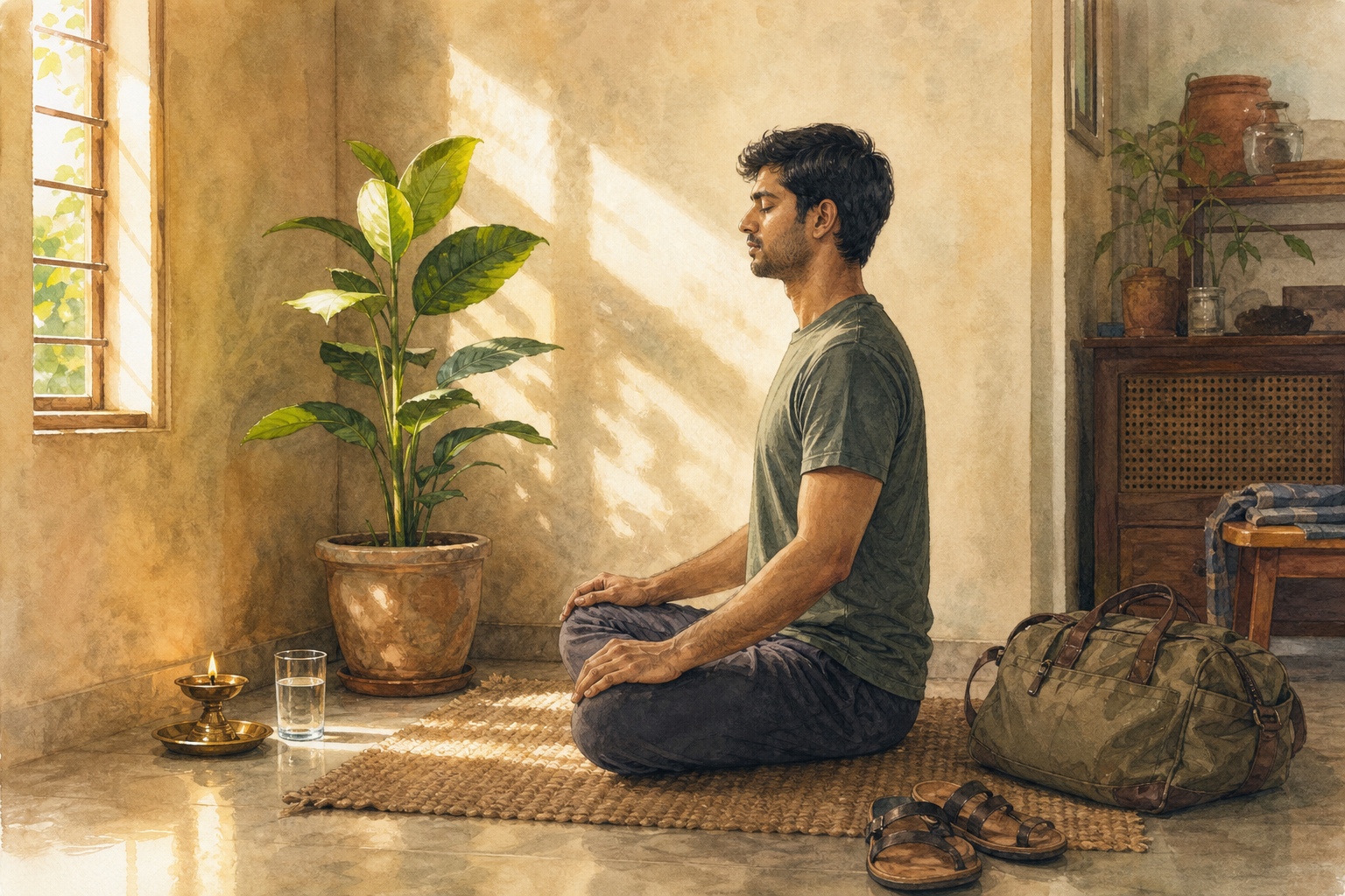 A person practices quietly on a woven mat at dawn beside an oil lamp, water glass, sandals, work bag, and growing houseplant.
