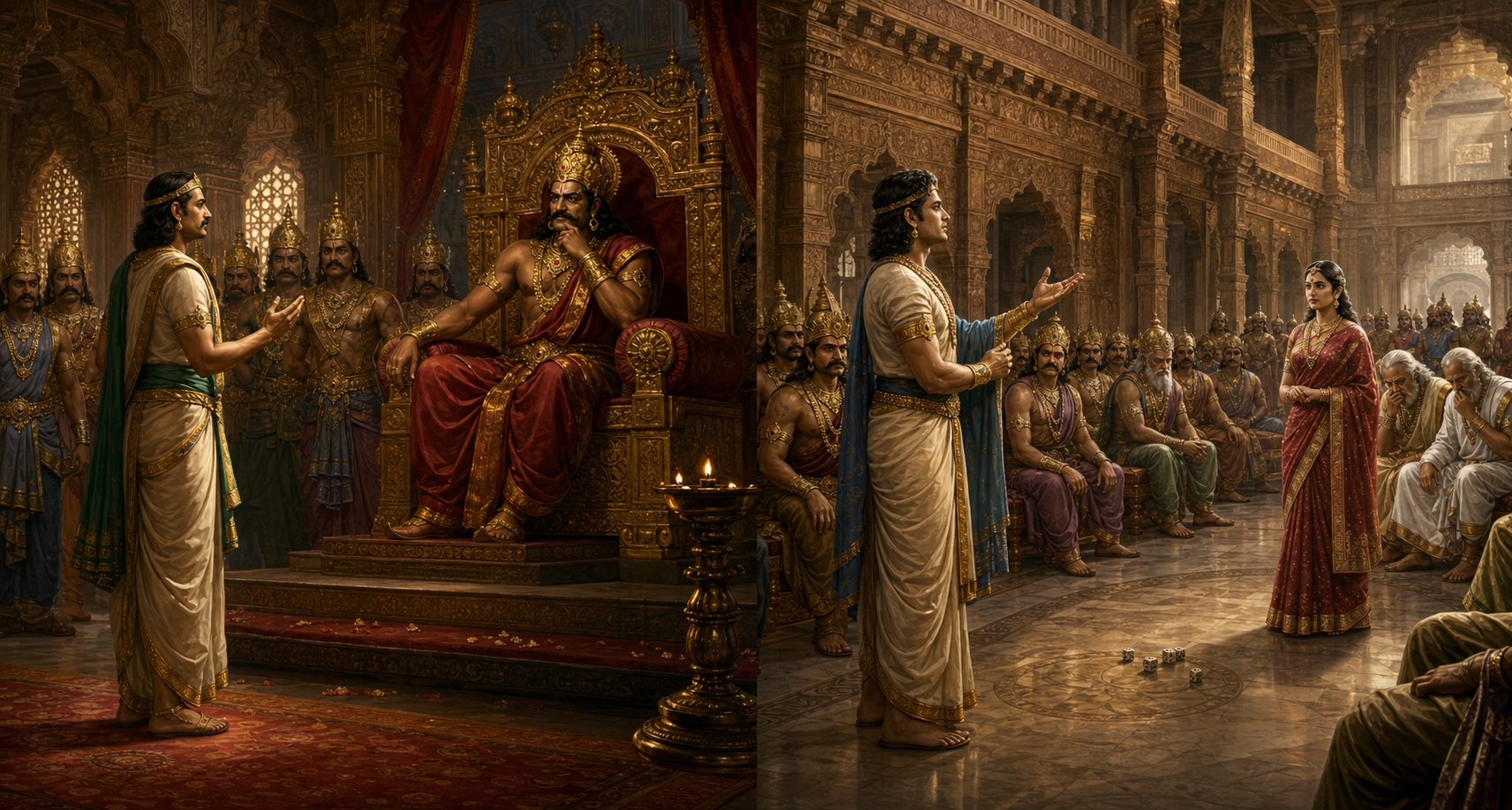 Vibhishana counsels Ravana in the court of Lanka while Vikarna stands to object in the Kuru dice hall.