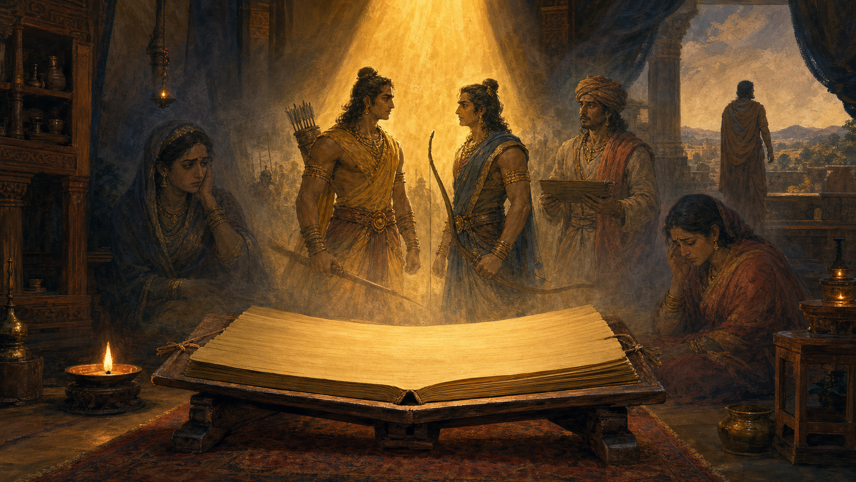 An open palm-leaf manuscript projects a layered epic scene with two central warriors and several less prominent witnesses around them.