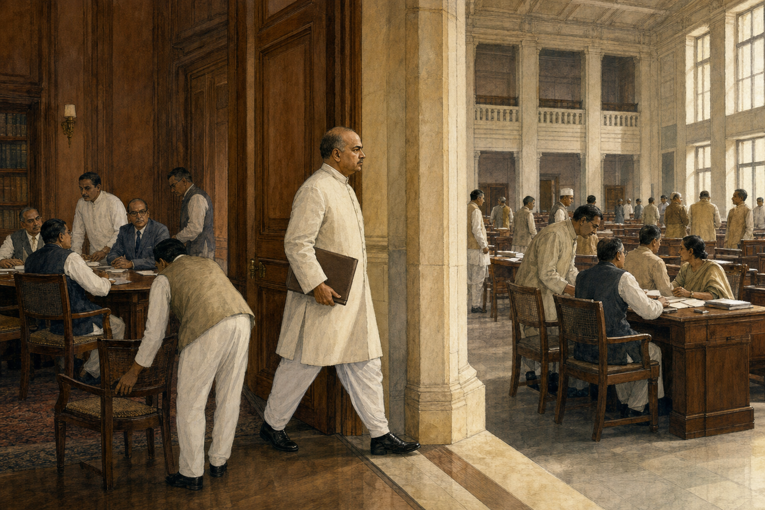 Syama Prasad Mookerjee crosses from a small political meeting into a larger hall where organizers are building an institution.