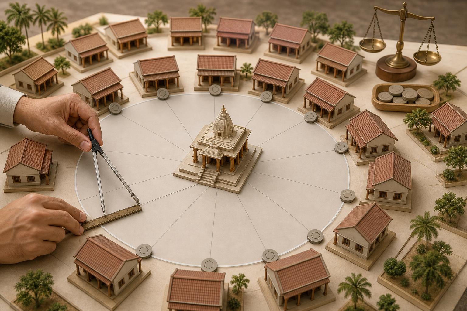 A miniature village model shows a temple inside a uniform circular boundary, with identical storefronts evaluated using the same distance rule.