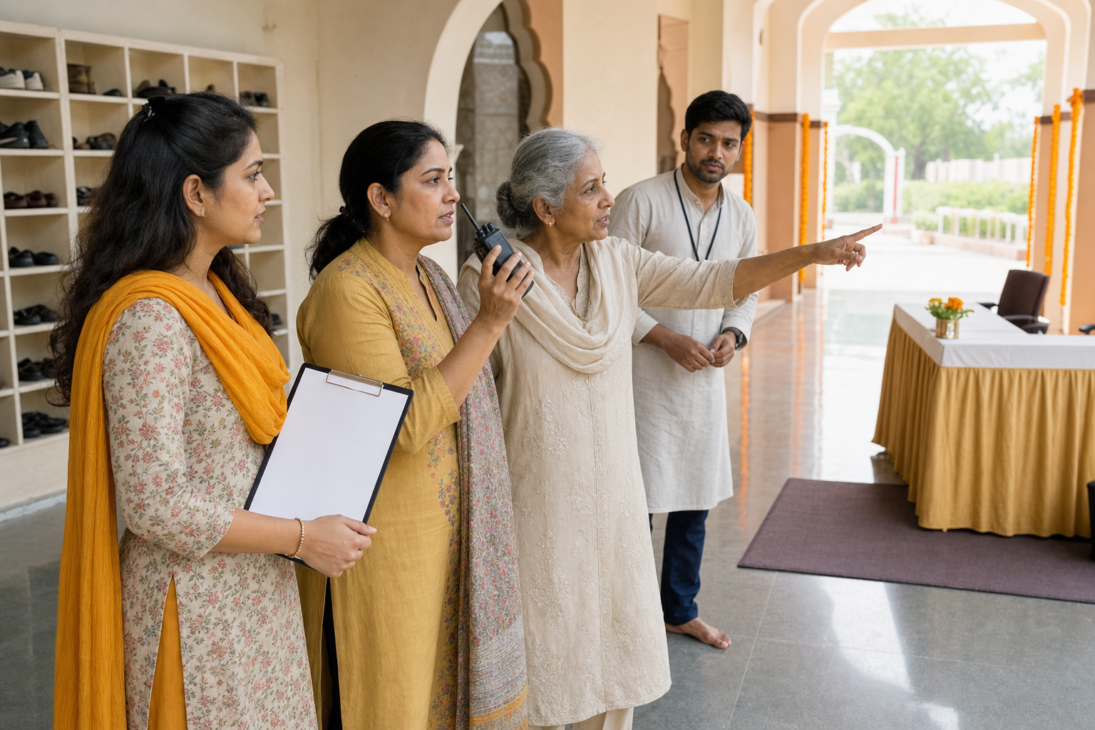 Three women direct safety preparations at a community hall entrance while a male volunteer listens behind them.