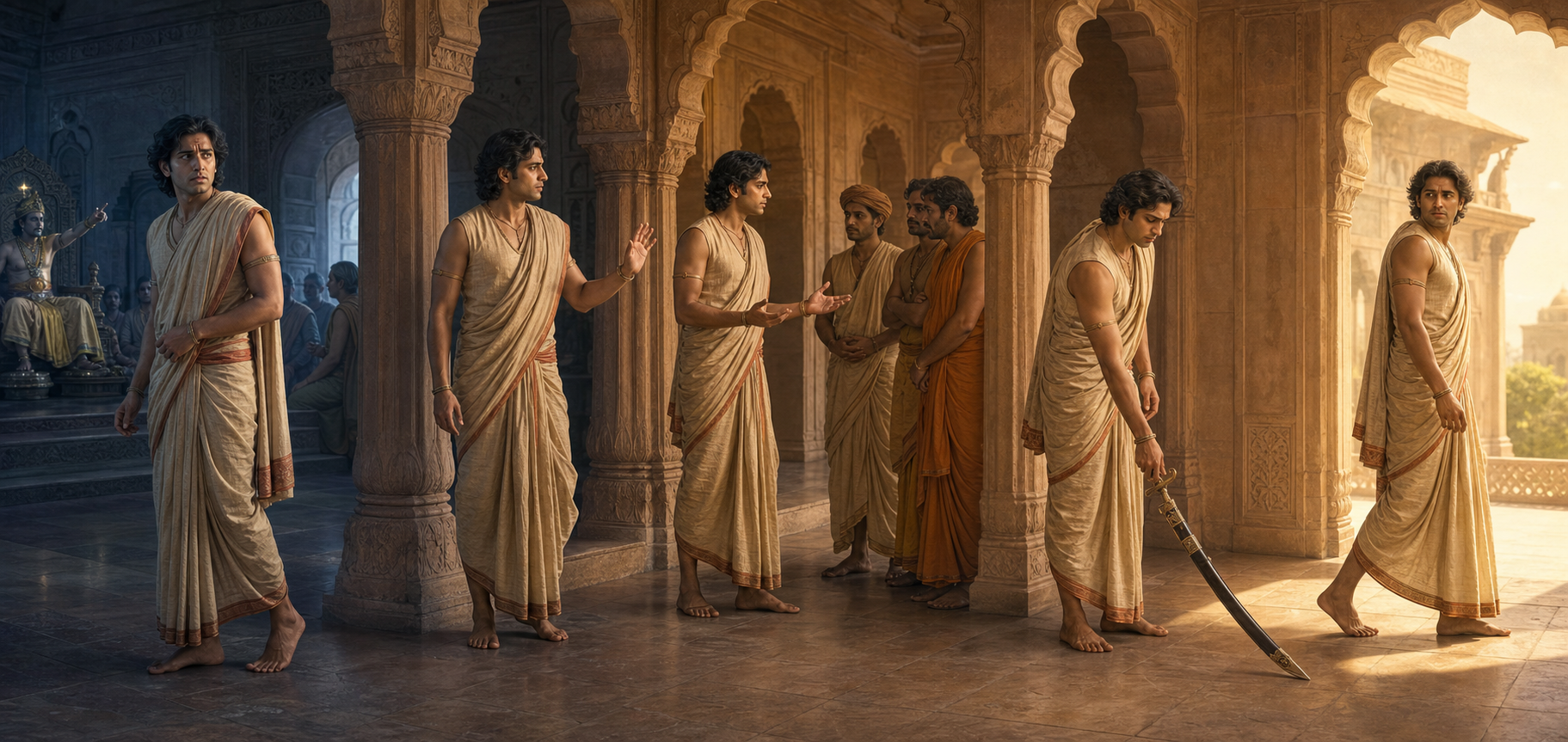 A courtier moves through five moments of moral action, from witnessing wrongdoing to speaking, refusing participation, and crossing a threshold.