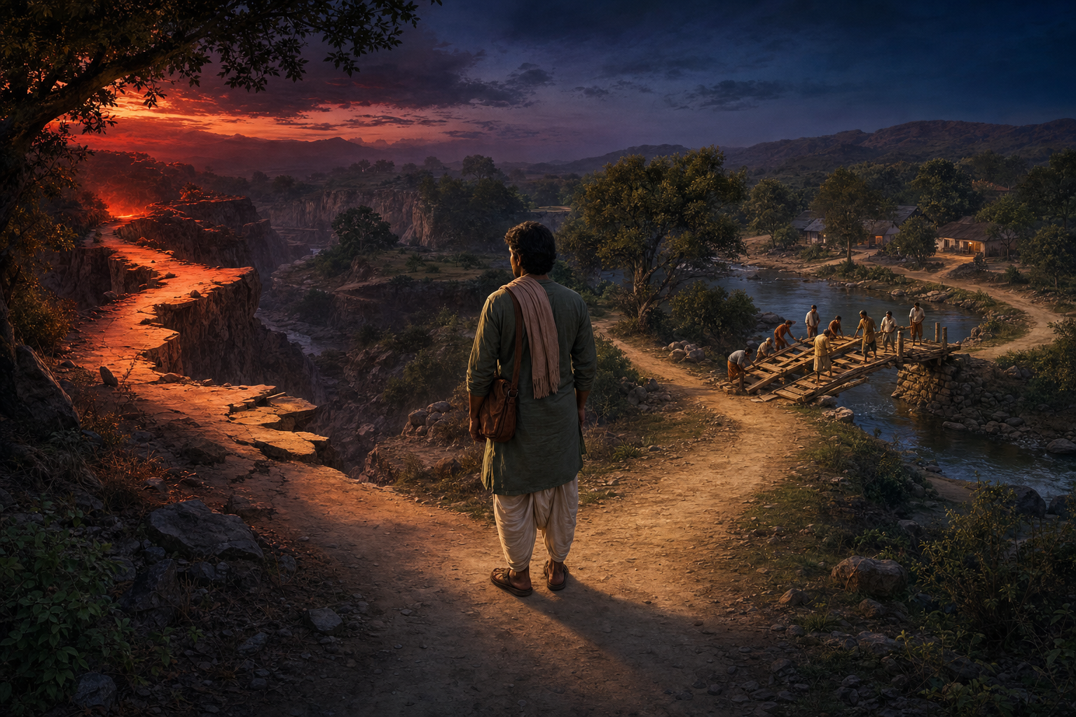 A traveler pauses at a crossroads between a dramatically lit rough path and a quieter route leading toward people repairing a bridge.