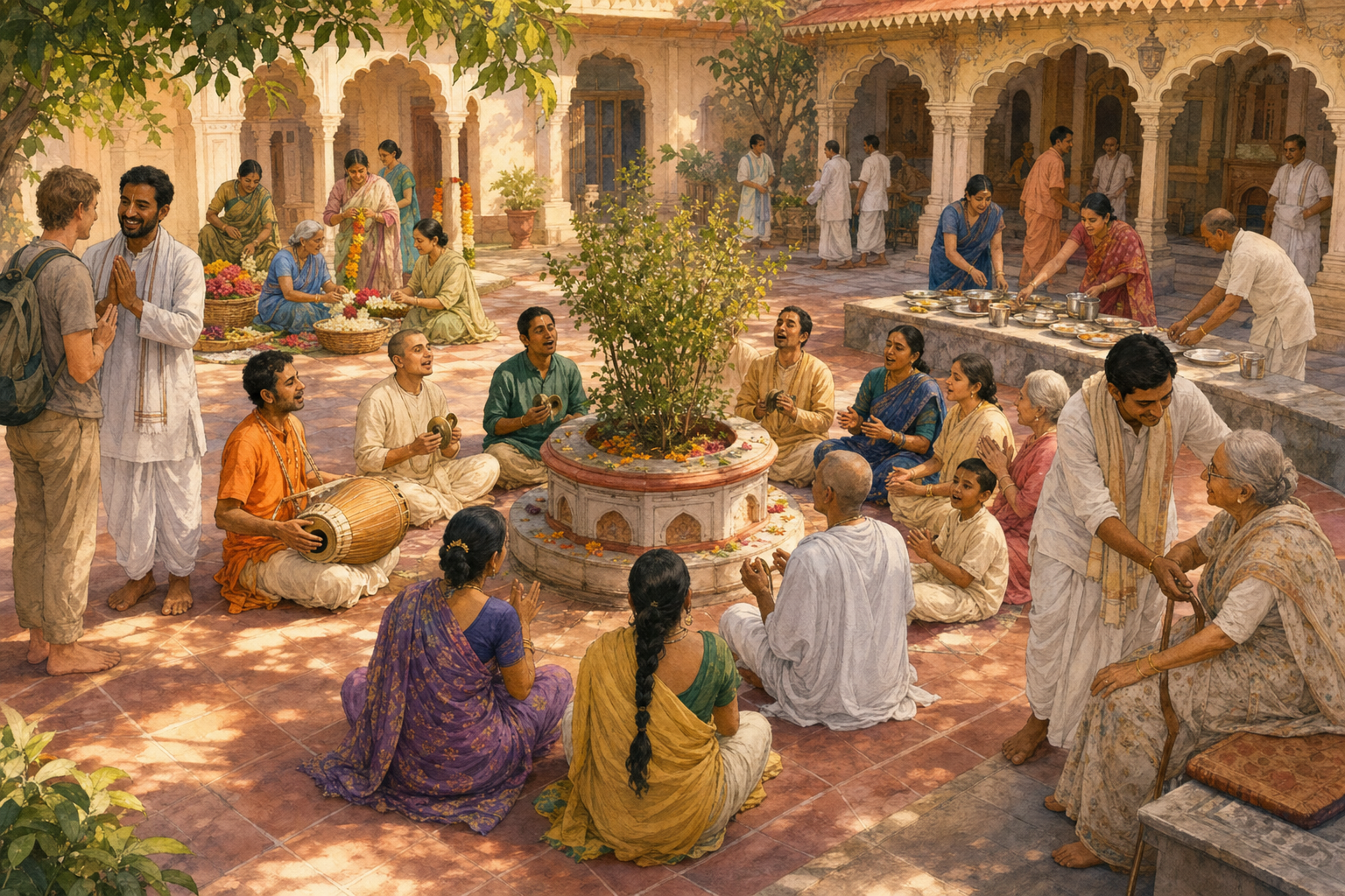 Devotees sing with a drum and hand cymbals in a temple courtyard while others make garlands, prepare a meal, welcome a visitor, and assist an older participant.