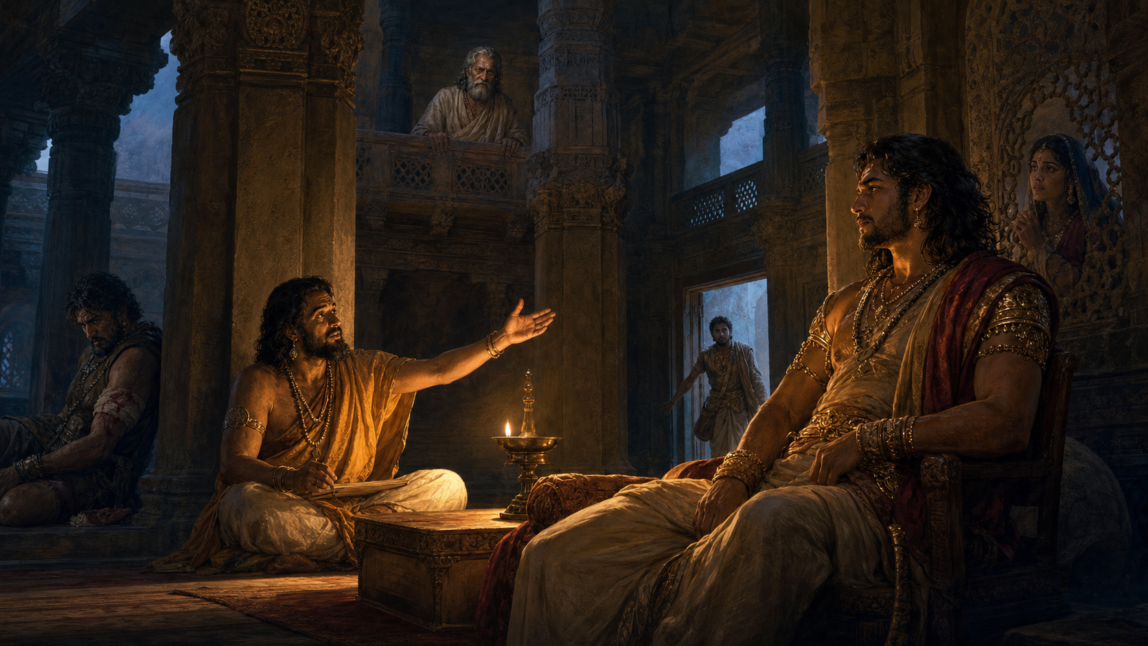A storyteller spotlights a royal warrior while a soldier, elder, messenger, and woman observe from less prominent parts of a pillared hall.