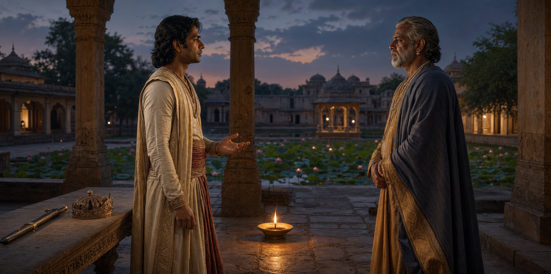 A dissenting prince speaks calmly with an older relative in a palace courtyard while his sword and crown rest aside.