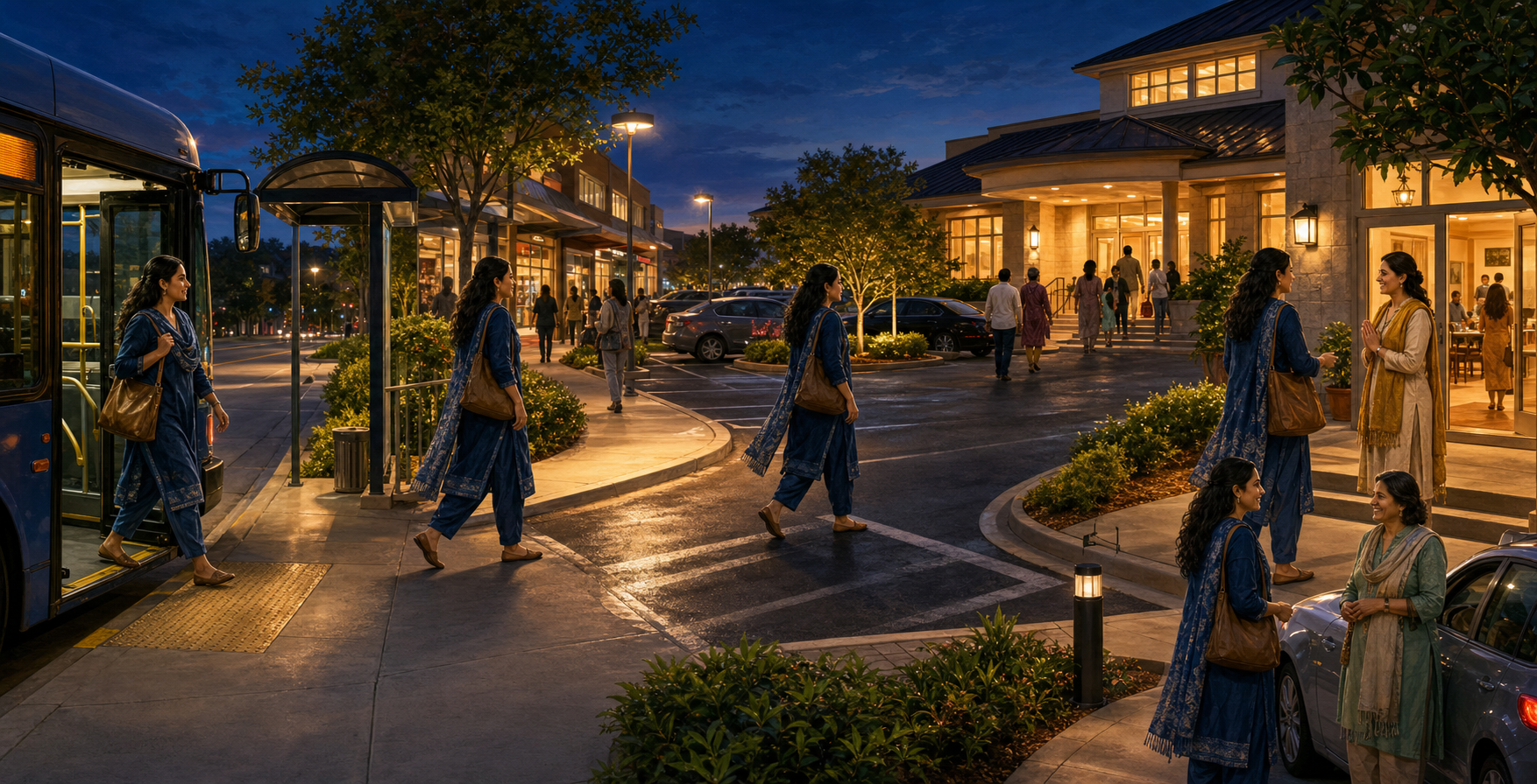 A panoramic evening scene follows the same woman from a bus stop along a lit route, through a community venue, and to a staffed pickup area.