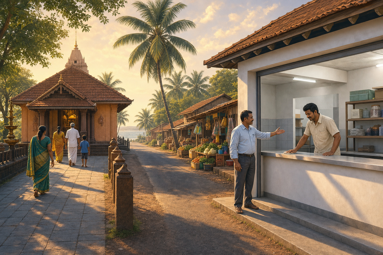 A temple lane remains quiet while a proprietor opens a relocated poultry shop in a nearby village market with guidance from a local official.