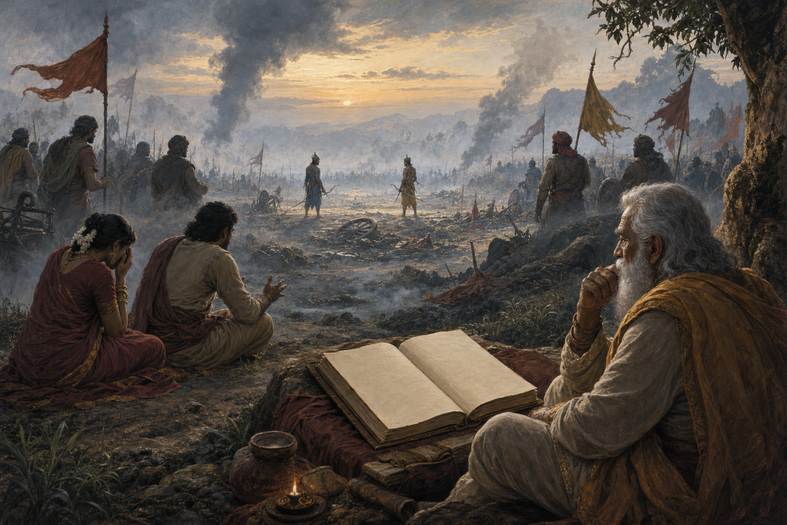 A layered battlefield scene shows a damaged chariot, witnesses with limited views, grieving observers, and a thoughtful reader beside a manuscript.