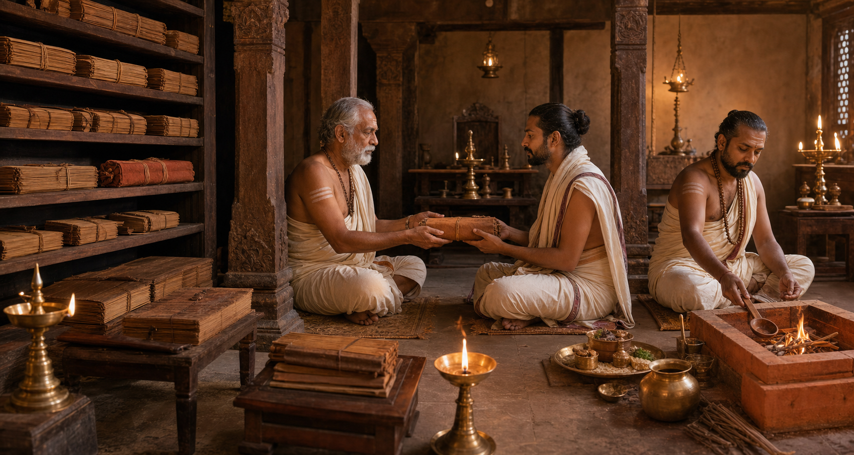 A manuscript collection, a teacher passing a manuscript bundle to a student, and a practitioner preparing ritual implements appear in three connected areas of a traditional pavilion.