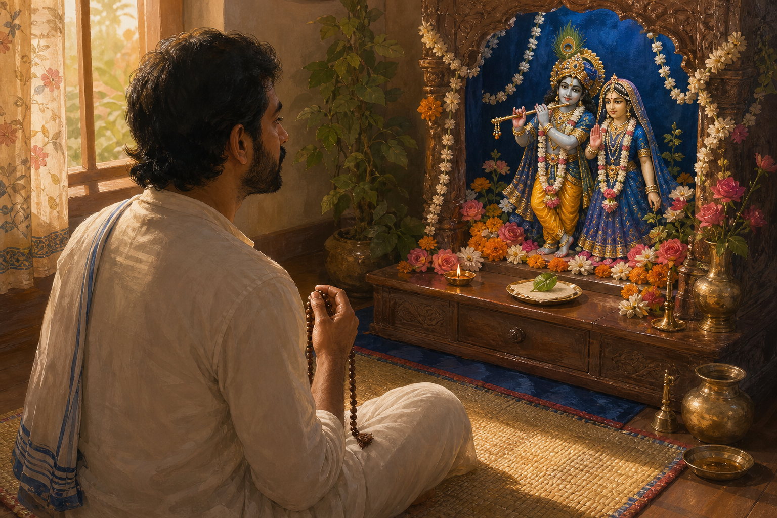A seated practitioner holds prayer beads before a flower-decorated Radha-Krishna home altar illuminated by a small oil lamp and dawn light.