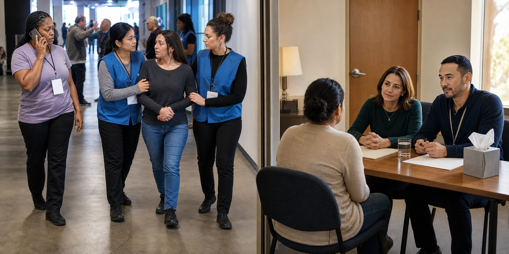 A divided scene shows volunteers guiding a woman to safety during an urgent incident and designated responders listening to another woman in a private room.