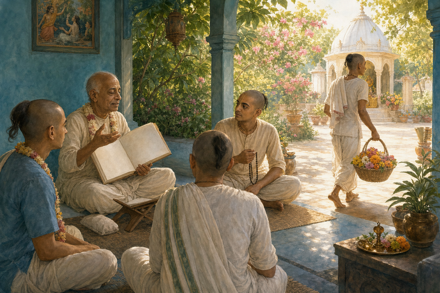 Devotees listen to a teacher beside an open scripture while one holds prayer beads and another carries flowers toward the temple courtyard for service.