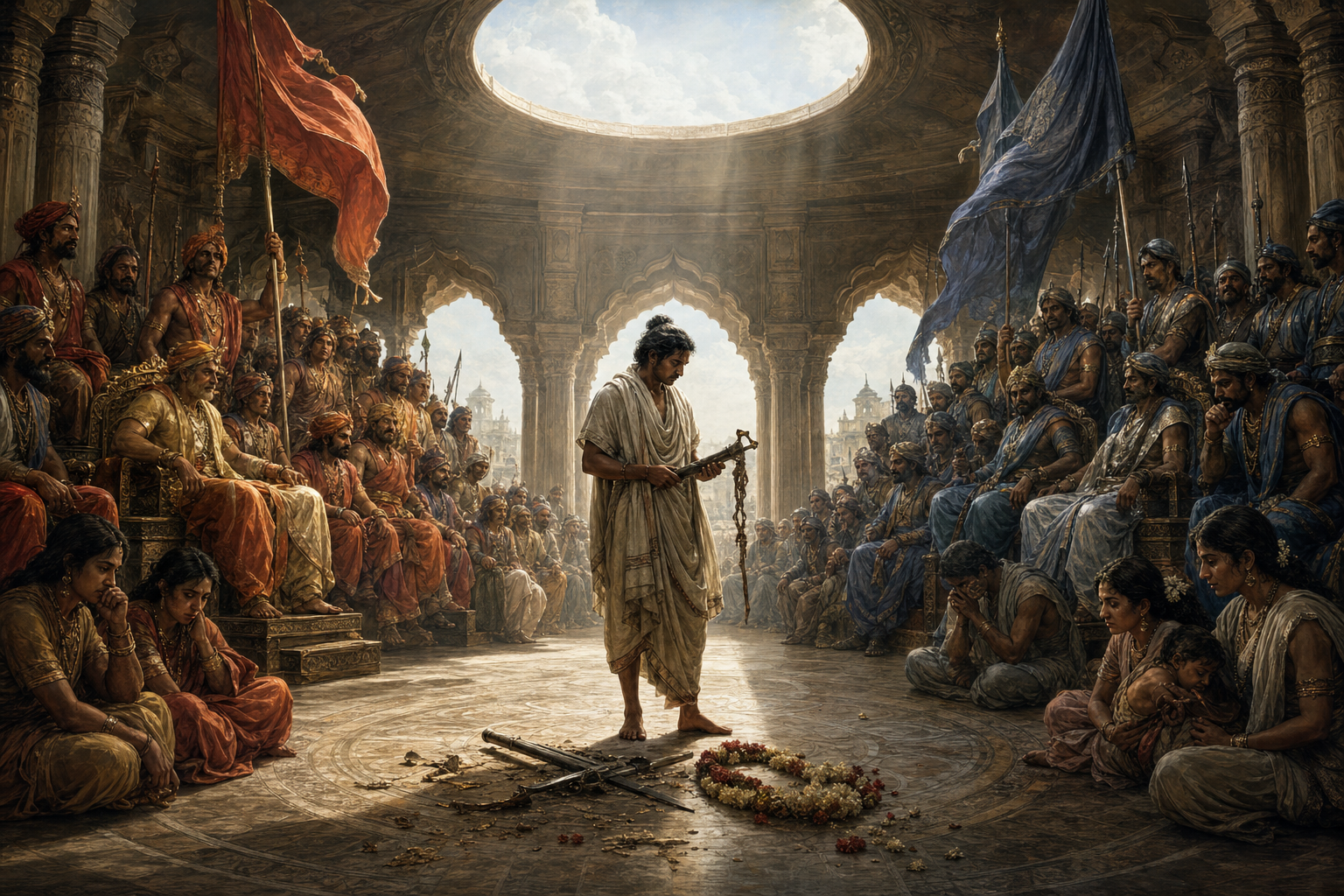 Two opposing groups face each other in a pavilion while an unarmed observer studies evidence and civilians stand on both sides.