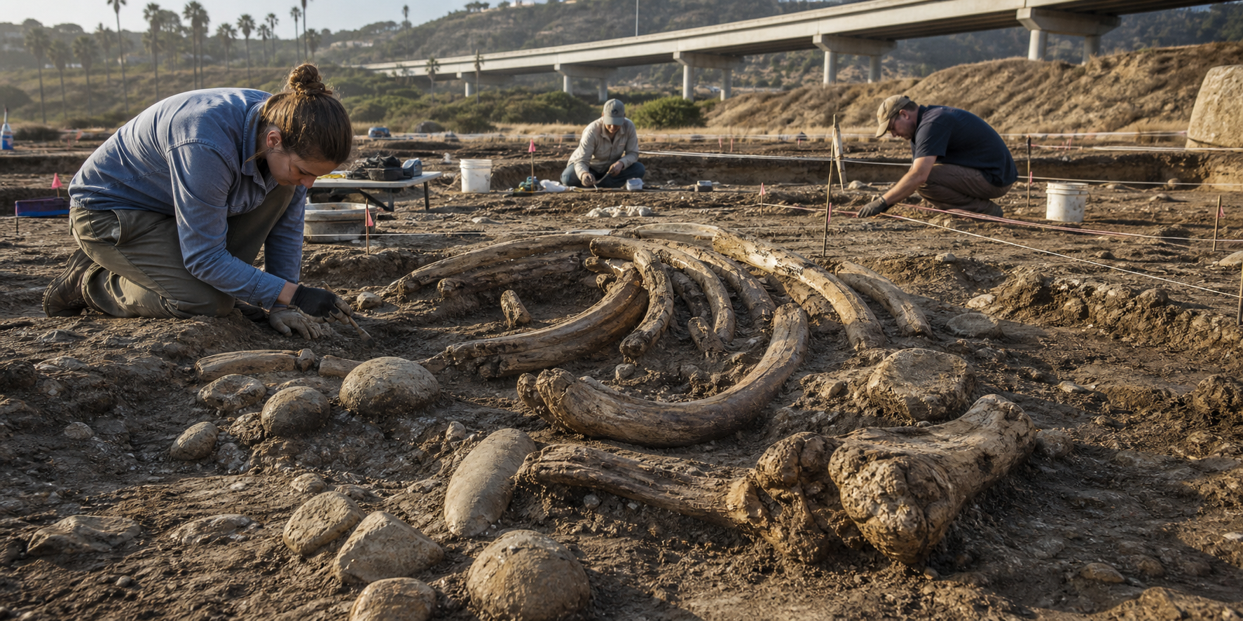 Researchers excavate mastodon bone and tusk fragments beside rounded cobbles near a highway embankment in Southern California.